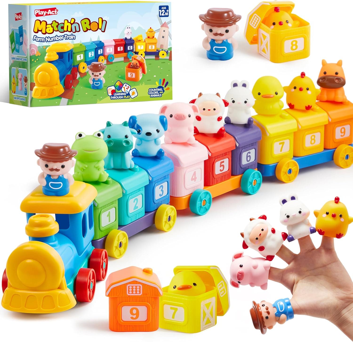 Play-Act Montessori Toys for Toddlers 1-3, Farm Animal Train Toy for Counting, Stacking, Matching & Sorting with 9 Animal Figures & 1 Farmer, Toys for 1 2 3 4 Year Old Boys Girls Gifts