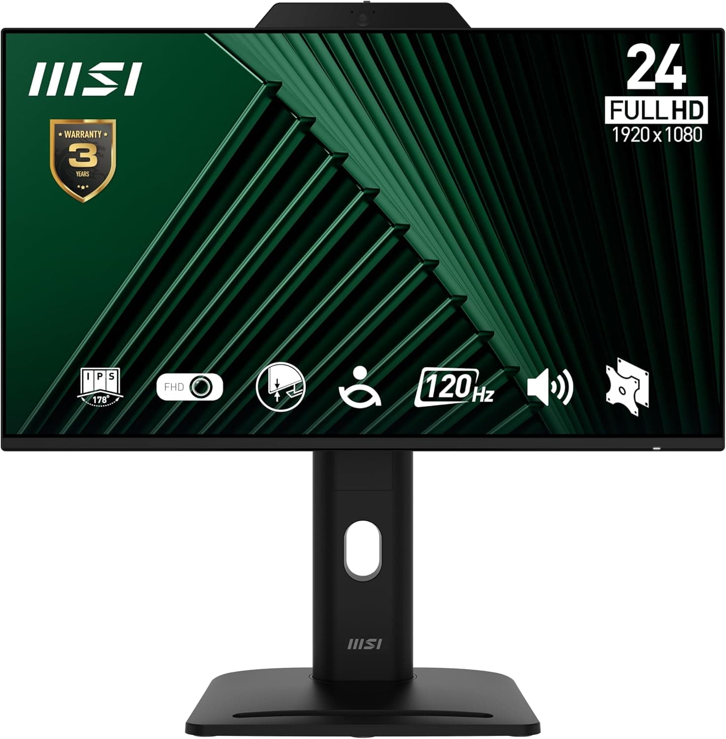 MSI PRO MP242PMG 23.8 Inch Full HD Office Monitor - 1920 x 1080 IPS Panel, 120Hz, Built- in camera, Eye-Friendly Screen, VESA, Display Kit Support, 4-Way Adjustable - HDMI, DisplayPort, D-Sub (VGA)