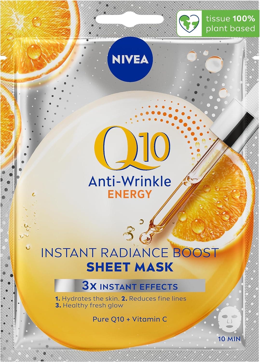 NIVEA Q10 + C Power Anti-Wrinkle + Energy Sheet Mask (1 Piece), Anti Ageing Moisturiser Mask with Vitamin C, Face Mask with Coenzyme Q10, Anti Wrinkle Cream Mask