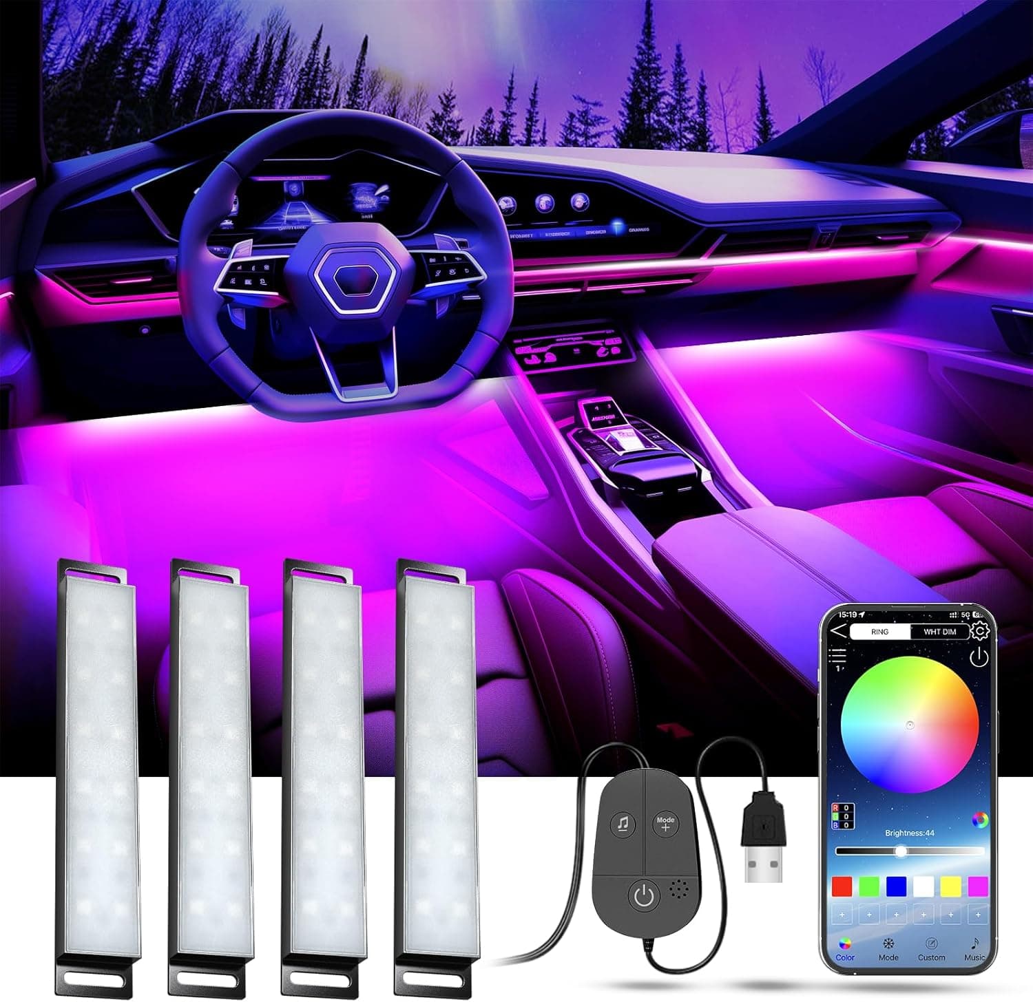 YiLaie LED Innenbeleuchtung Auto, LED Ambientebeleuchtung mit APP Steuerung und 16 Millionen Farben, Musikmodus, Farbspeicher, USB-Innenraumbeleuchtung, Auto Zubehör Innenraum, DC 5V