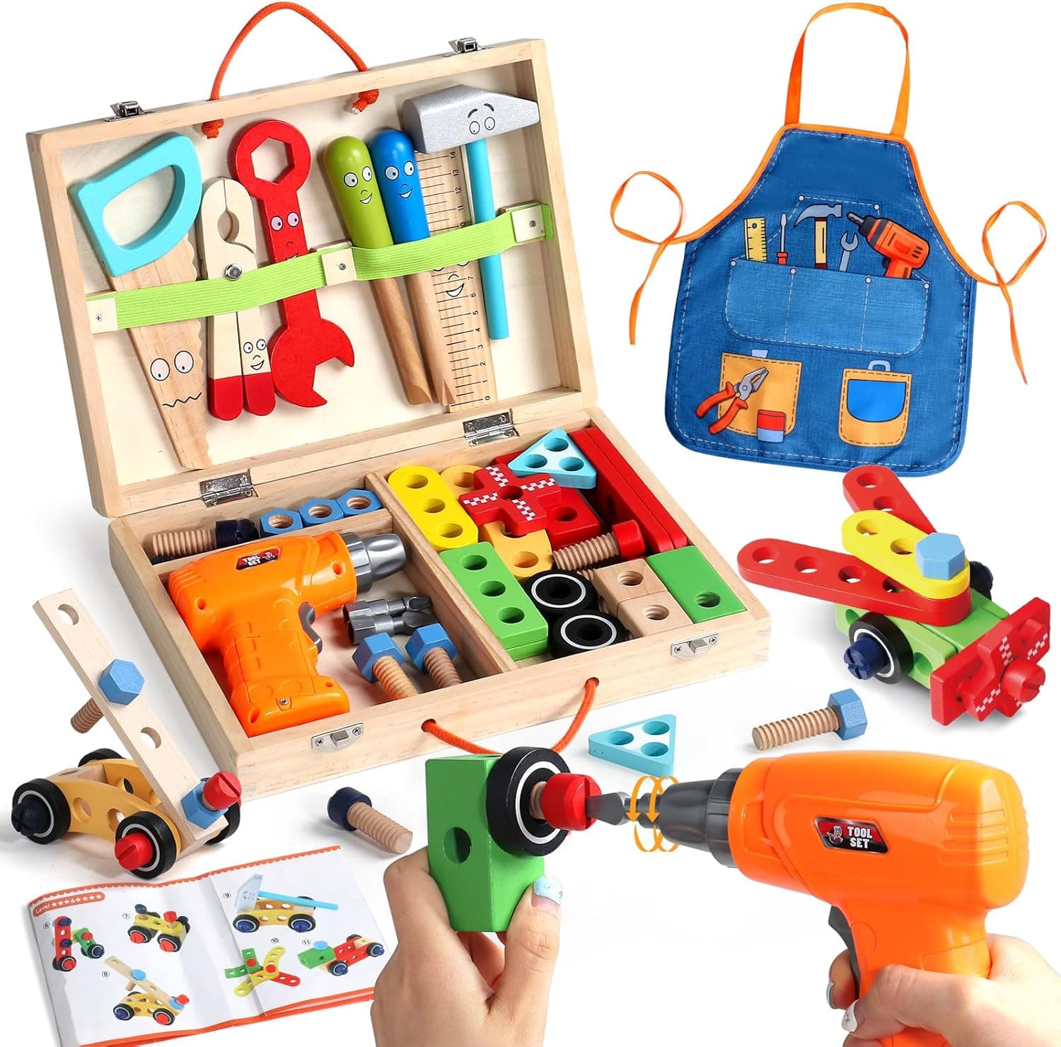 Kids Tool Set,Wooden Toys for 3 Year Old Boys Girls,Montessori Toys with Toy Drill&Tool Box&Apron ,Construction Toys for 2 3 4 Year Old Boys Gifts