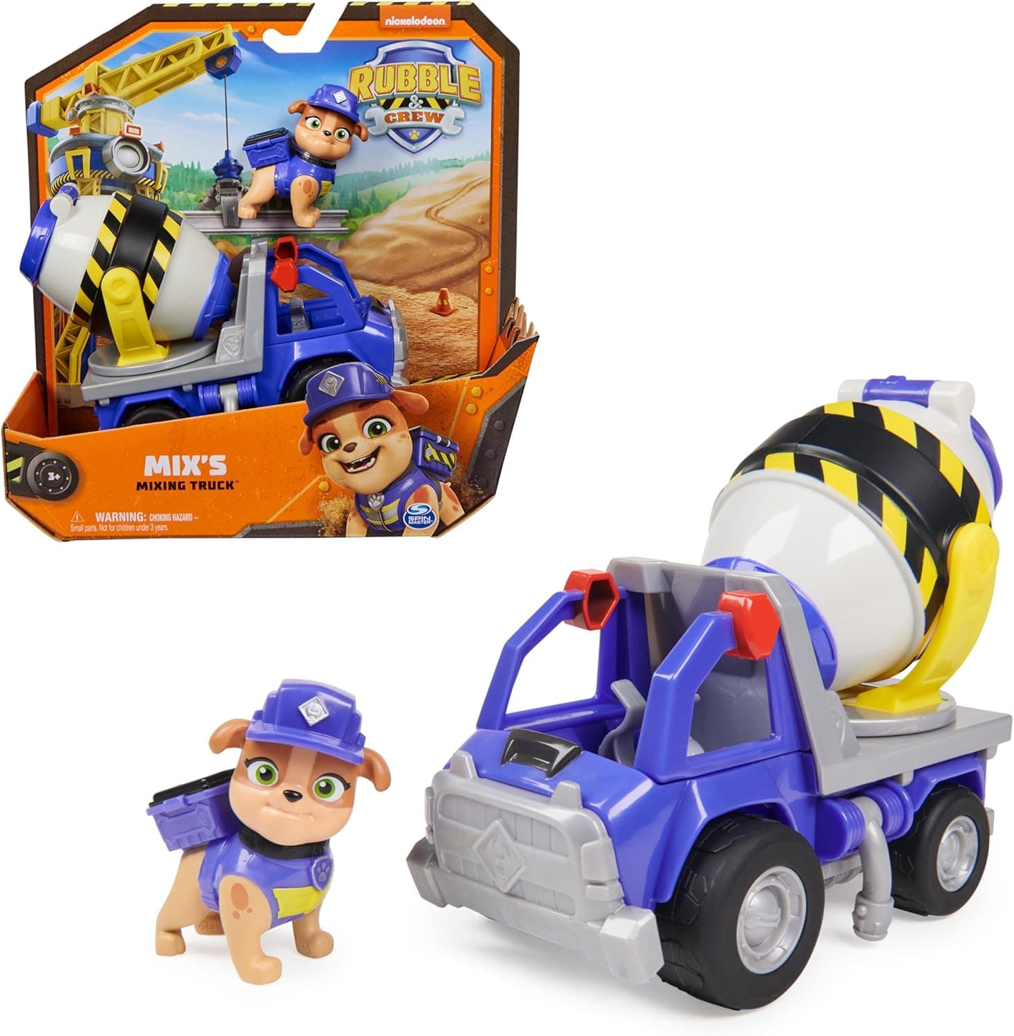 Rubble & Crew - Zementmischer-Baufahrzeug (Basis Fahrzeug) mit Mix-Figur, dreh- und kippbare Mischtrommel, authentisches Spielzeug aus TV-Serie, für Kinder ab 3 Jahren