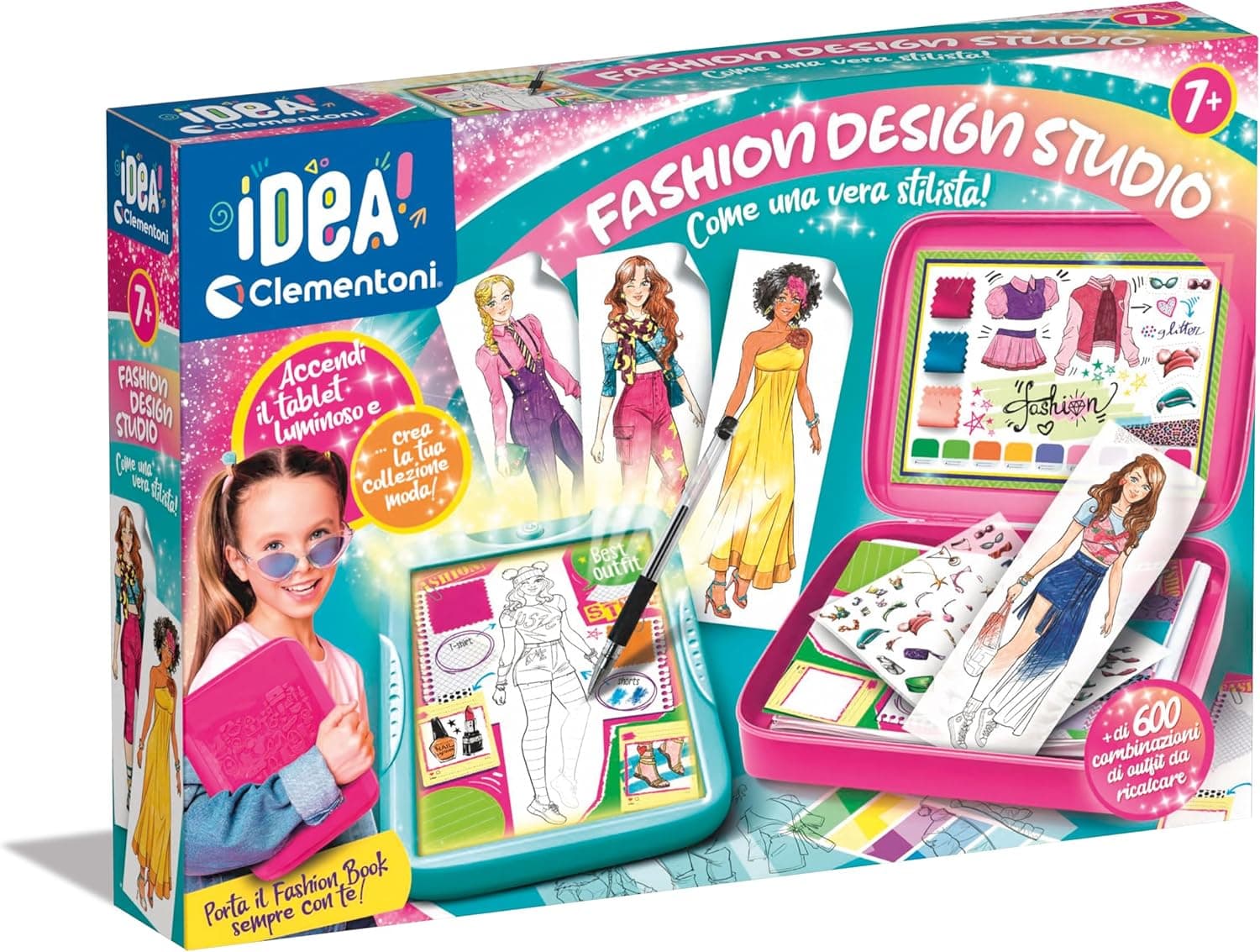 Clementoni Idea - Fashion Designer, Lavagna Luminosa Creativa per Bambine 7+ Anni, Set Abbigliamento con Supporto Pieghevole, Disegni e Modelli Unici, Gioco Creativo, Made in Italy, 18715