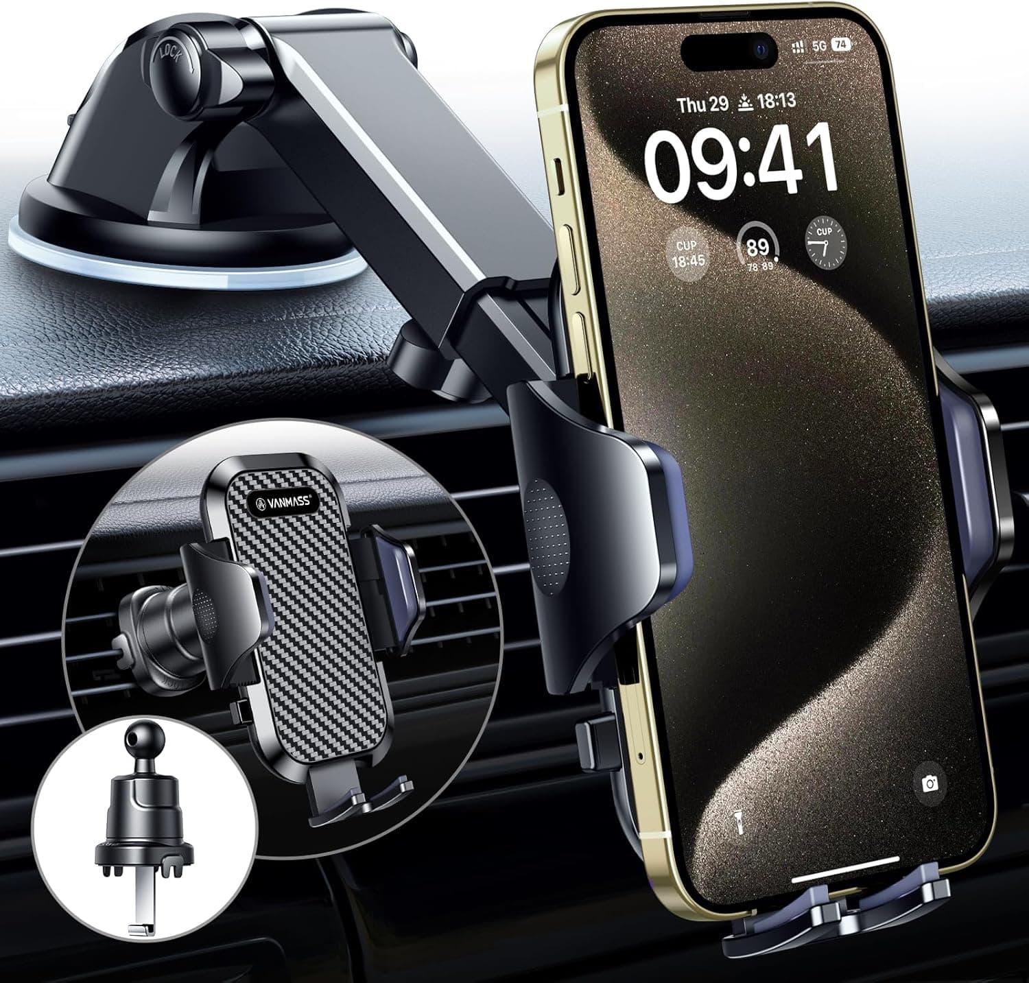 VANMASS Pro Car Phone Holder [2026 Upgraded Suction & Clip] Military-Grade Rotatable Universal Mobile Mount for Dashboard Windscreen Vent,Van Stand Cradle for iPhone 17 Pro Max 16 15 14 13 Samsung S26