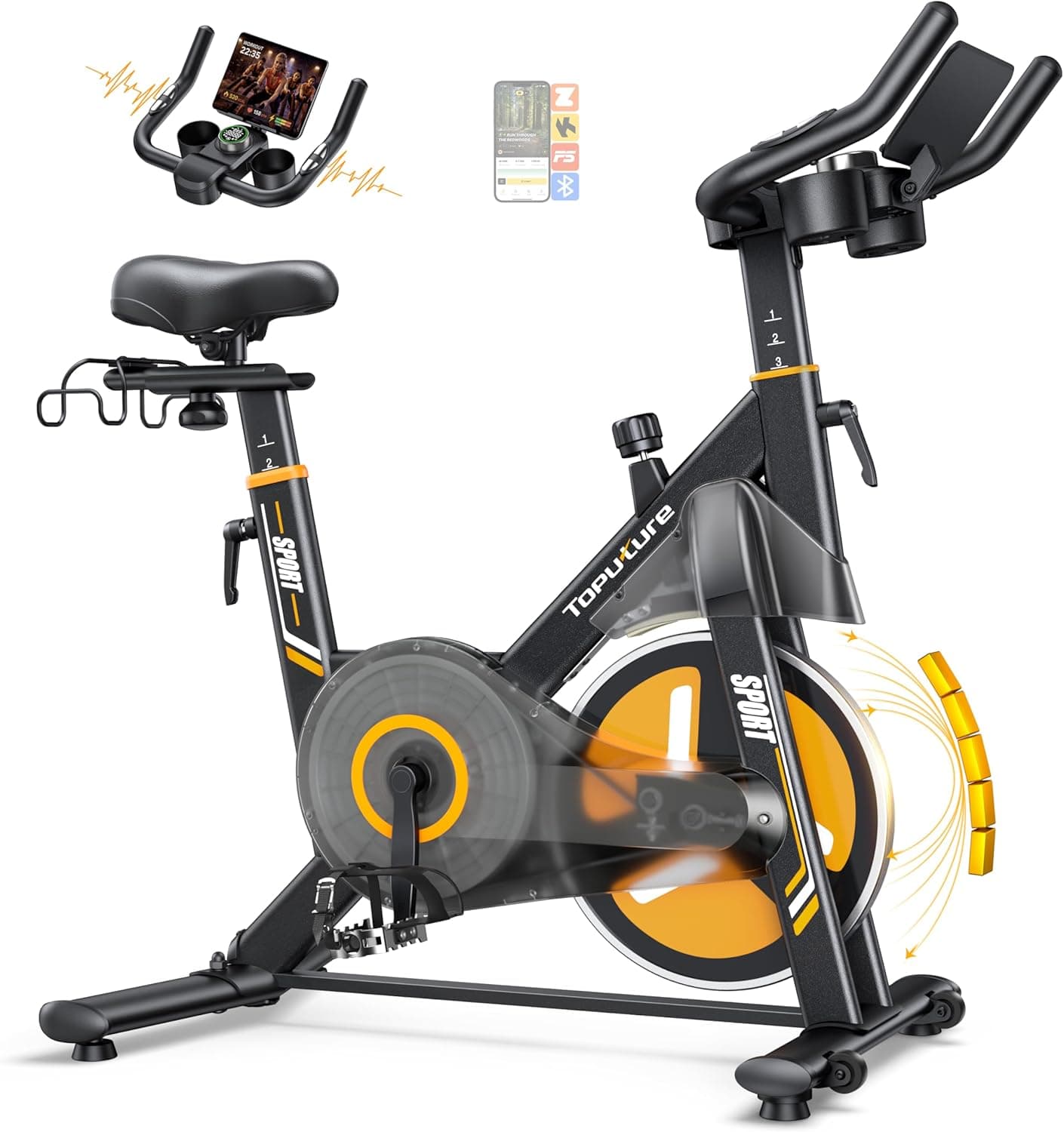 2026 Nueva Toputure Bicicleta Estática Electromagnética, Spinning Profesional con 32 Niveles de Resistencia Precisa vía APP, Bici Estática con Pantalla LCD Táctil, Soporte para Mancuernas, Máx 150KG