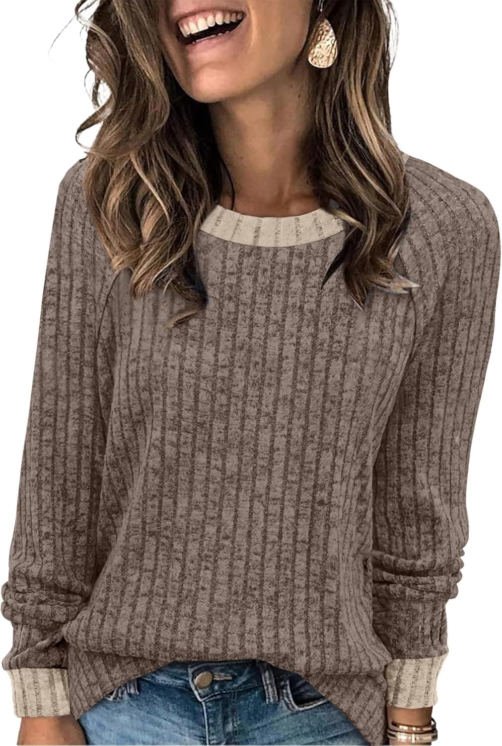 WIHOLL Long Sleeve Shirts for Women Lightweight Sweaters Fall Outfits 2026 Color Block Winter Clothing Dressy Casual Soft