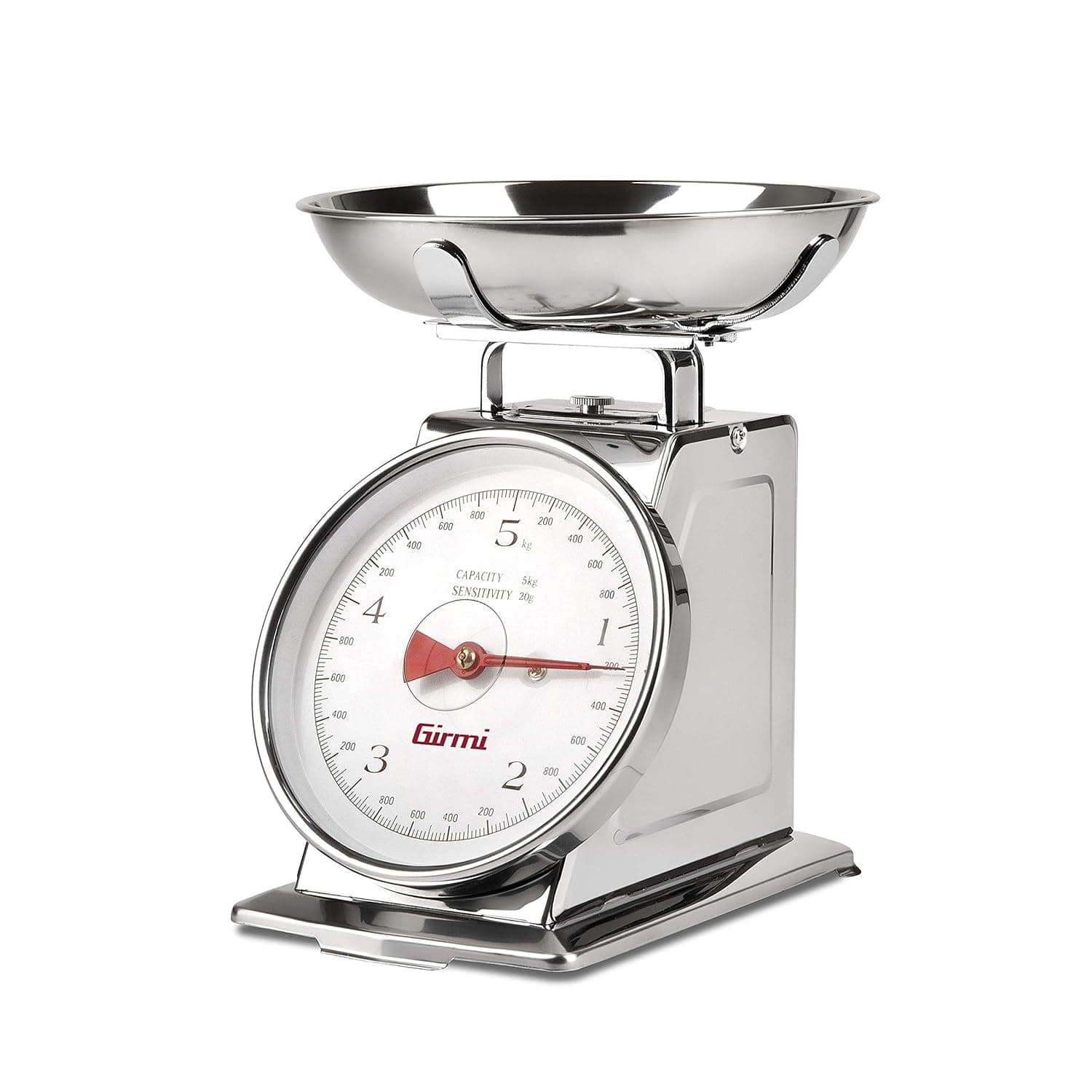 Girmi PS90 Bilancia Meccanica da Cucina, Ciotola 1 Lt, Corpo Inox, 20gr/5Kg, Funzione Tara