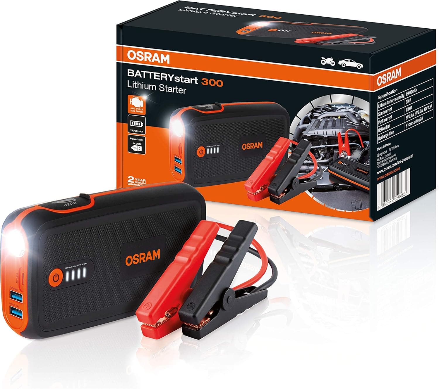 OSRAM BATTERYstart 300, avviatore al Litio da 13.000 mAh per Veicoli con Motore a Benzina Fino a 6l e Motore Diesel da 3l