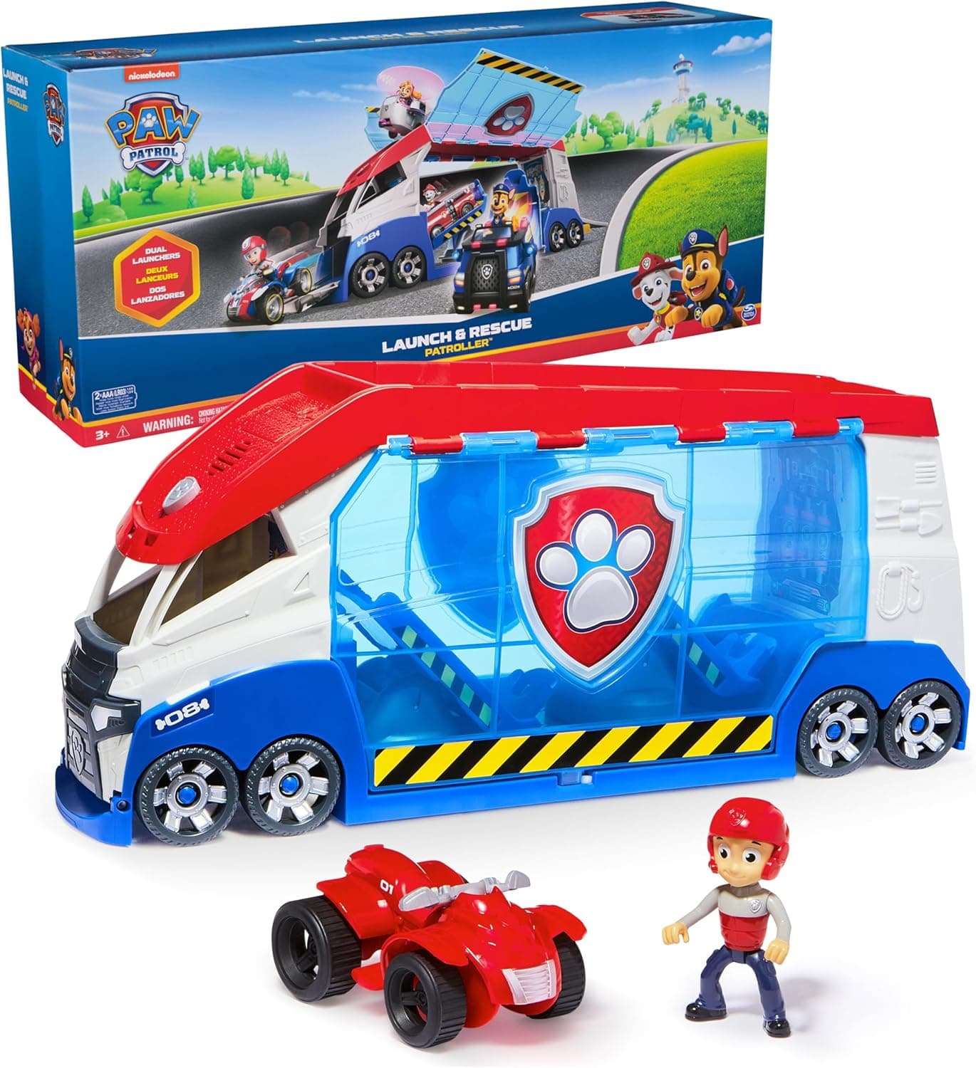 PAW PATROL - Launch'n Rescue Patroller, Teamfahrzeug 55,8 cm, mit Ryder-Figur und Quad-Basisfahrzeug, Doppel-Startkatapult und Geräuscheffekte, Platz für 6 Fahrzeuge, ab 3 Jahren