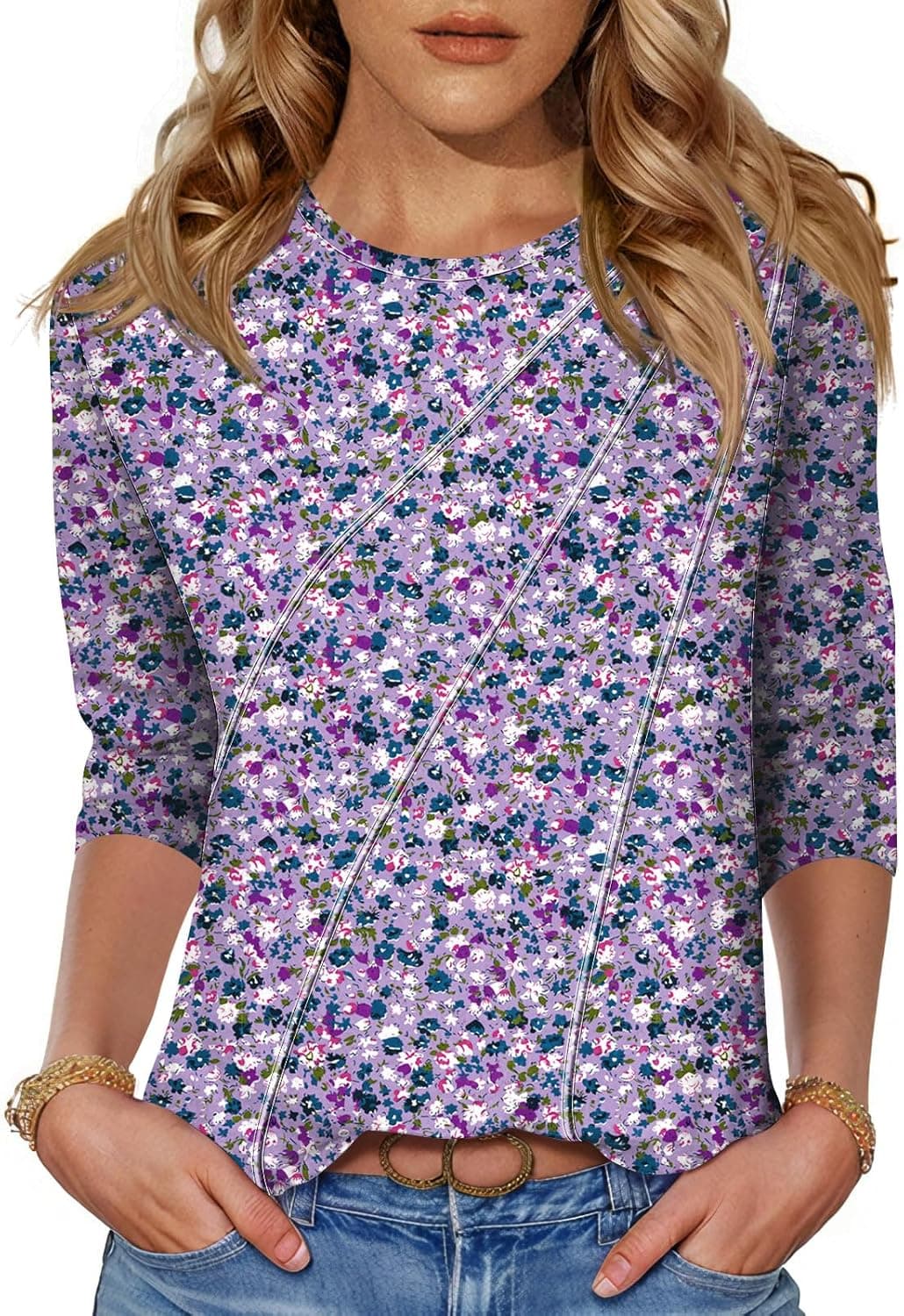 Kistore 3/4 Length Sleeve Shirts for Womens Pleated Summer Tops 2025 Fasion Trendy Spring Blouses