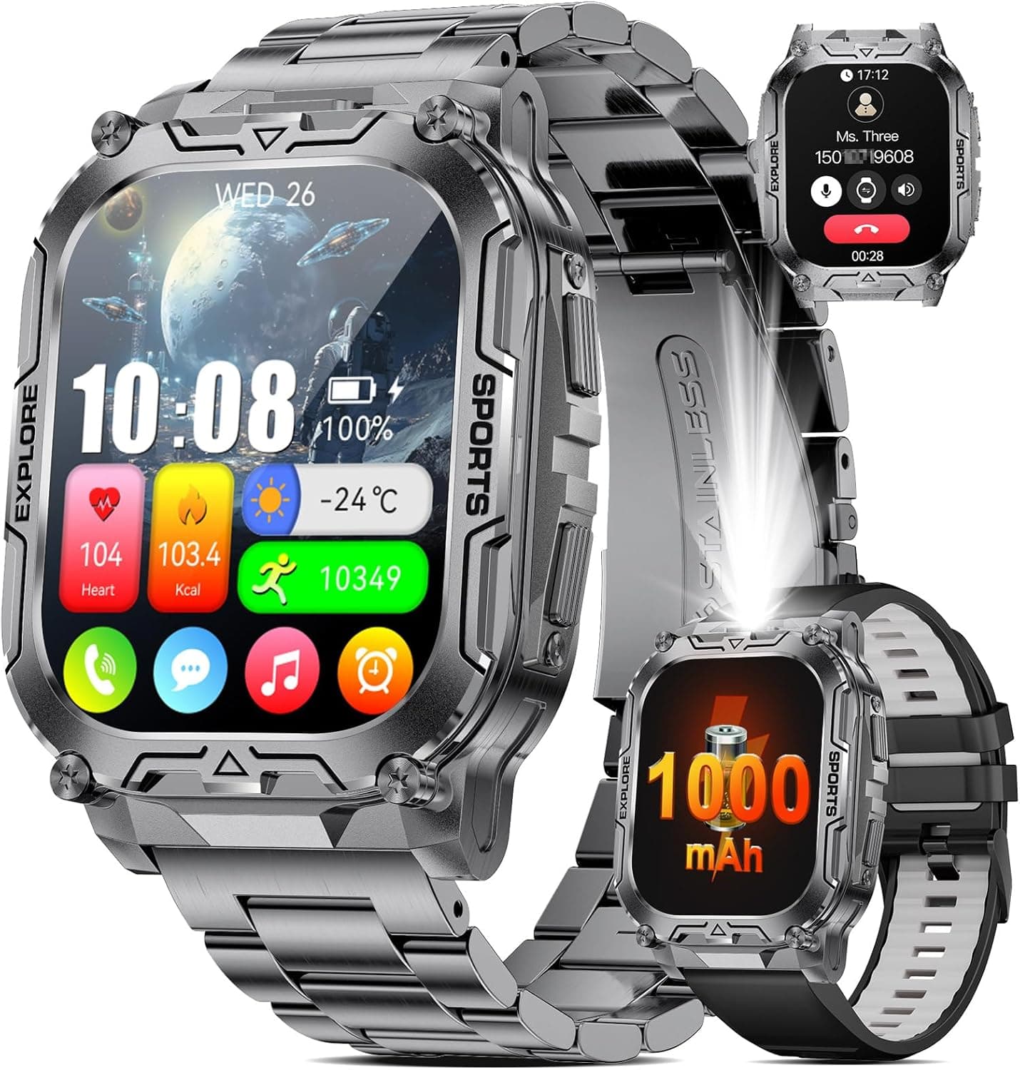 1000mAh Batteria Smartwatch Uomo Militare, 2.01'' Orologio Smart Watch con Chiamata Bluetooth, Torcia LED Orologio Fitness, 100+ Modalità Sportive, IP68 Impermeabile per Android iOS