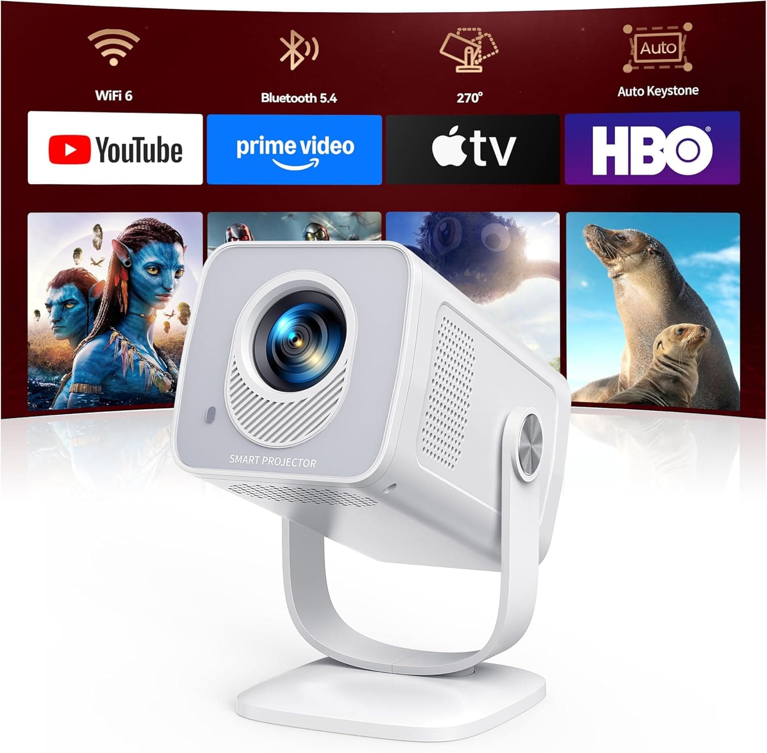 [Android 14|Ottica Corta]Proiettore WIFI6 e Proiettore Portatile Bluetooth 5.4 Two-Way Supporto 1080P 4K Mini Videoproiettore Auto Keystone Rotazione di 270° Per Esterni/Telefoni/HDMI/USB/TV Stick