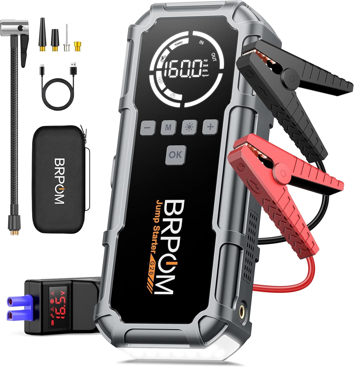 BRPOM Avviatore Batteria Auto con Compressore 160 PSI, 8000A 26800 mAh Avviatore Emergenza per Auto/Moto 12V(Tutti Gas 12L Diesel)Booster Avviamento 600LUMEN LED/Ricarica USB-C