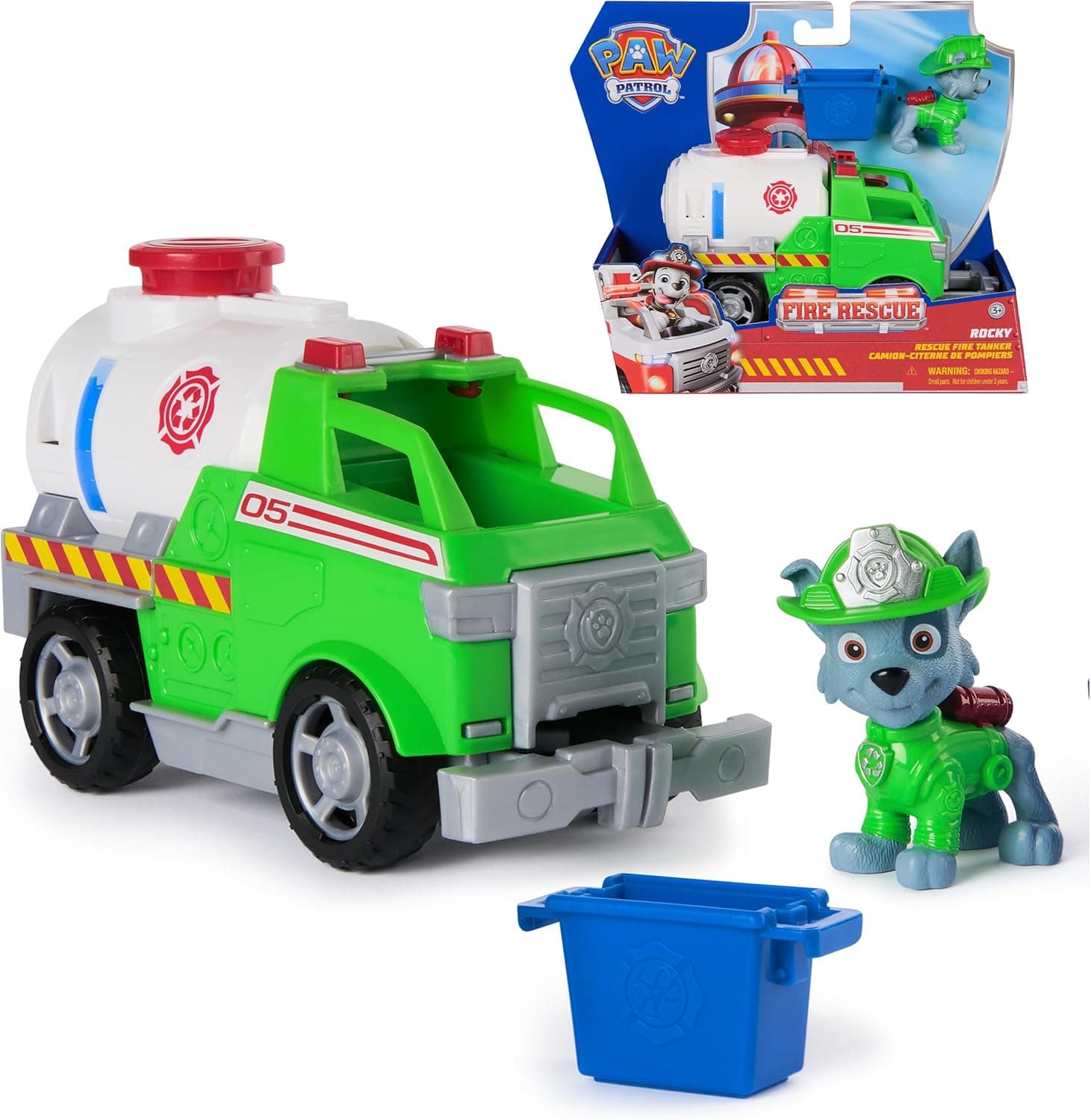 Paw Patrol Fire Rescue: Rocky Rescue Fire Tanker with Action Figure, Grab Claw and Toy Truck, Kids Toys for Boys and Girls Ages 3 and Up