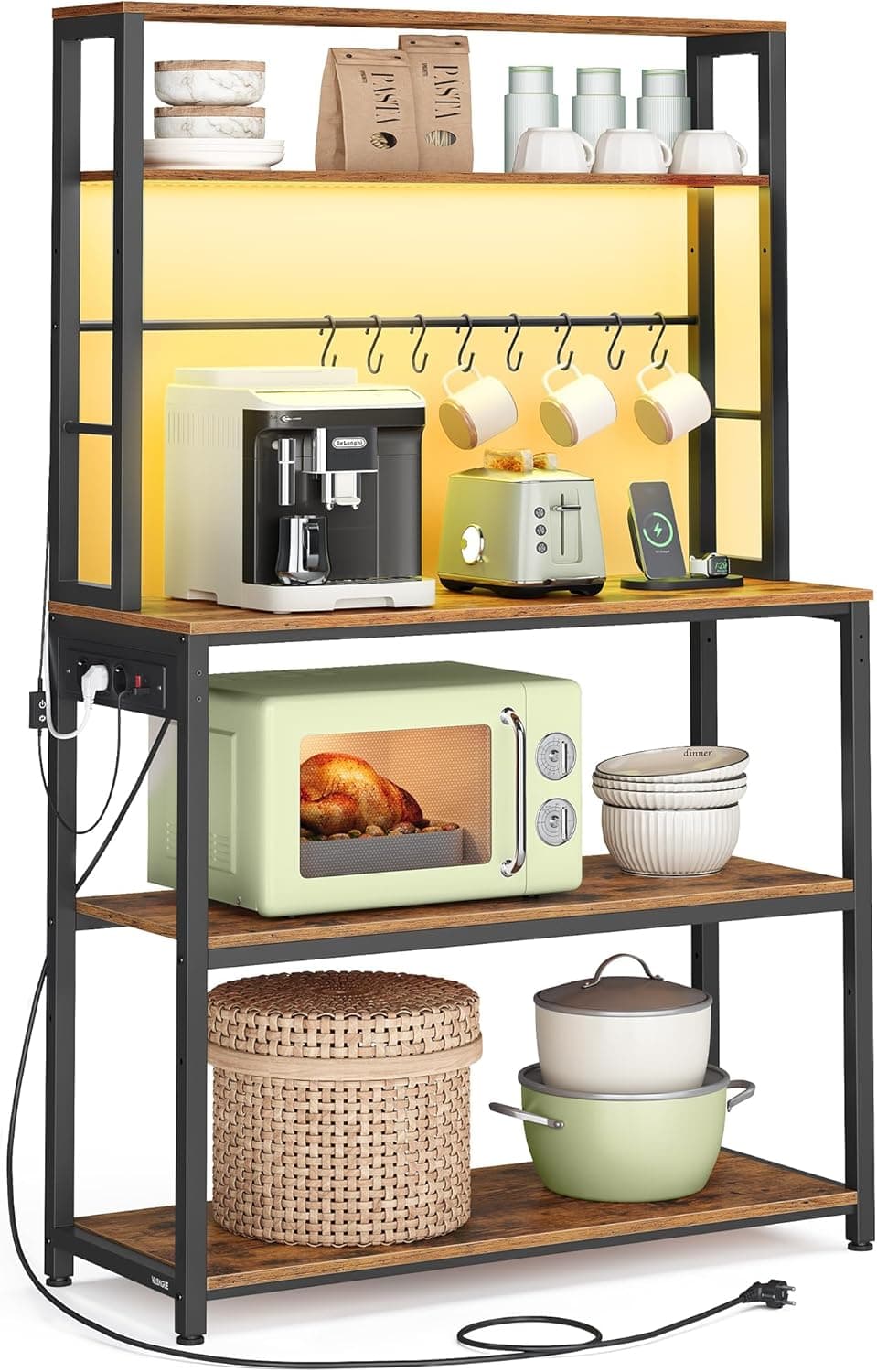 VASAGLE Estantería de Cocina con LED, para Microondas con Regleta, Estantes Ajustables, 8 Ganchos, 40 x 80 x 168,4 cm, Marrón Vintage y Negro Mate KKS050KD01
