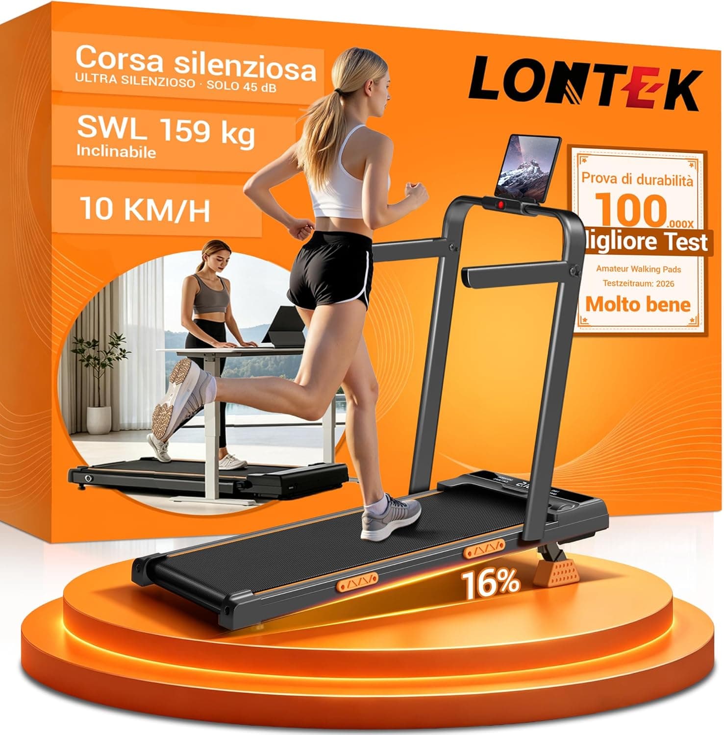 LONTEK Tapis Roulant Salvaspazio Elettrico con Inclinazione 16%, 10KM/H Tapis Roulant Elettrico Pieghevole, Schermo LED, Telecomando, 3.0 CV Mini Walking Pad, Tapirulan da Casa, Carico Massima 136KG