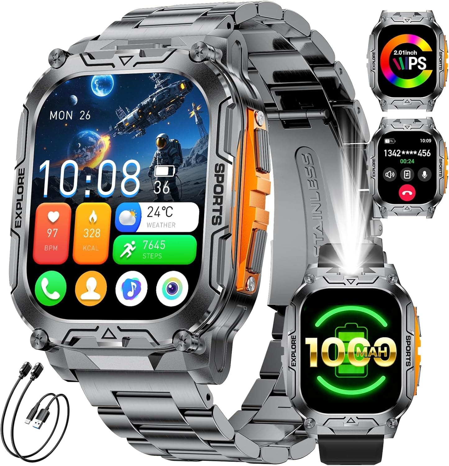 1000mAh Smartwatch Uomo, 2.01″ Orologio Smart Watch con Chiamata Bluetooth,Torcia LED Militare Orologio Fitness, 100+ Modalità Sportive,Sonno/Cardiofrequenzimetro, IP68, Android iOS, Nero
