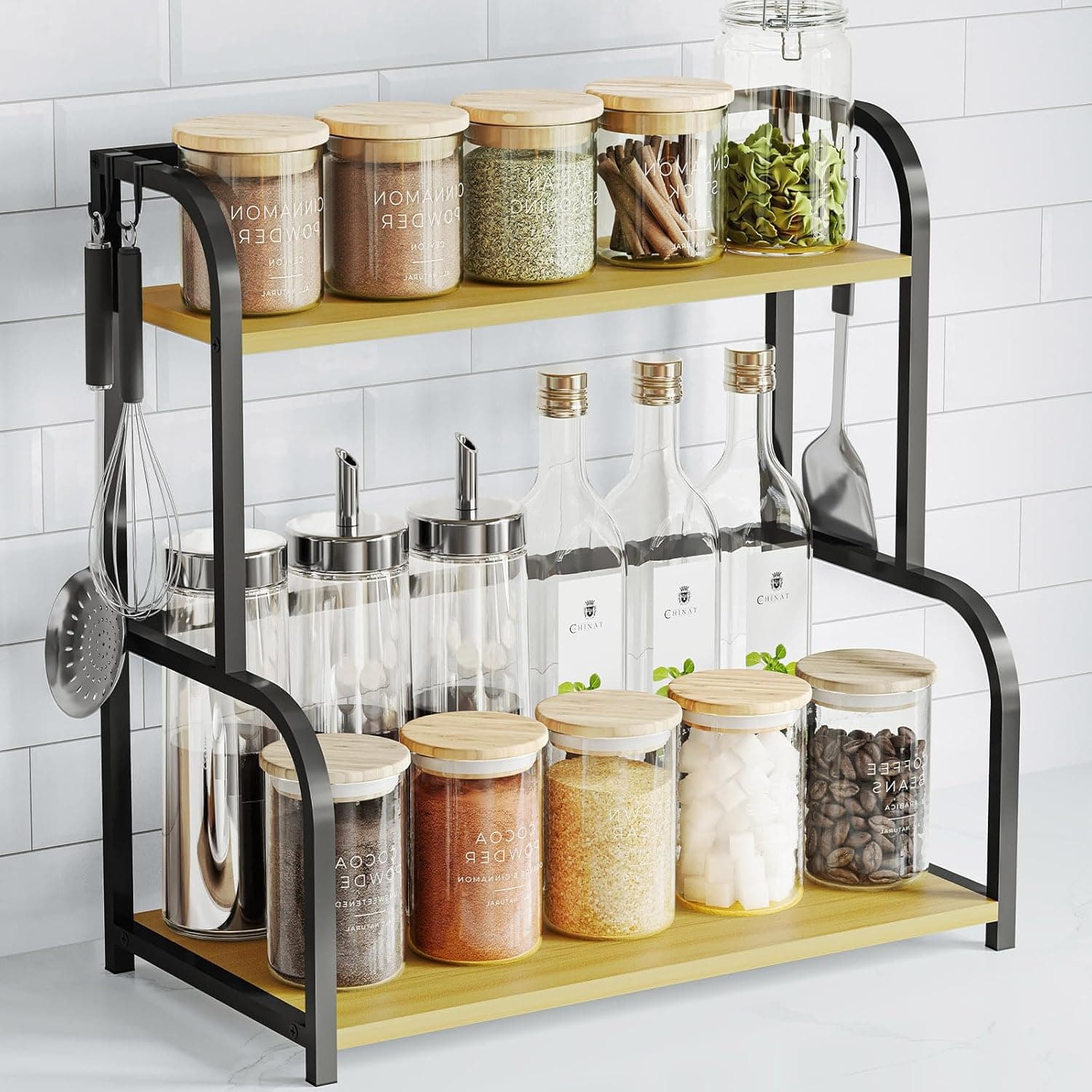 Kitchen Shelf Organiser Coffee Station - Spice Rack Storage Cupboard Organizer Black Wooden - 2 Tier Shelves for Counter Top - Small Desk Worktop Organisation Unit Free Standing Coffe Bar Accessories