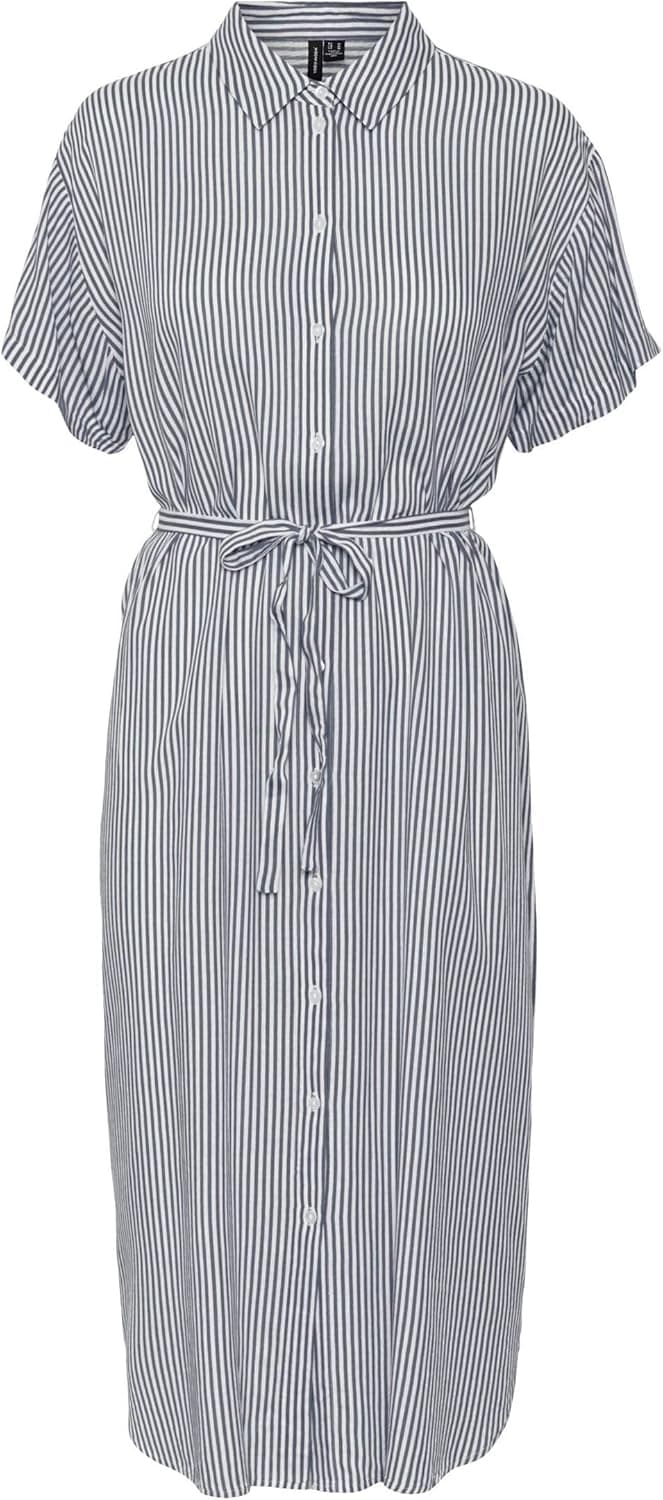 Vestido Ligero de Manga Corta con cinturón y Cuello de Camisa Midi VMBUMPY para Mujer