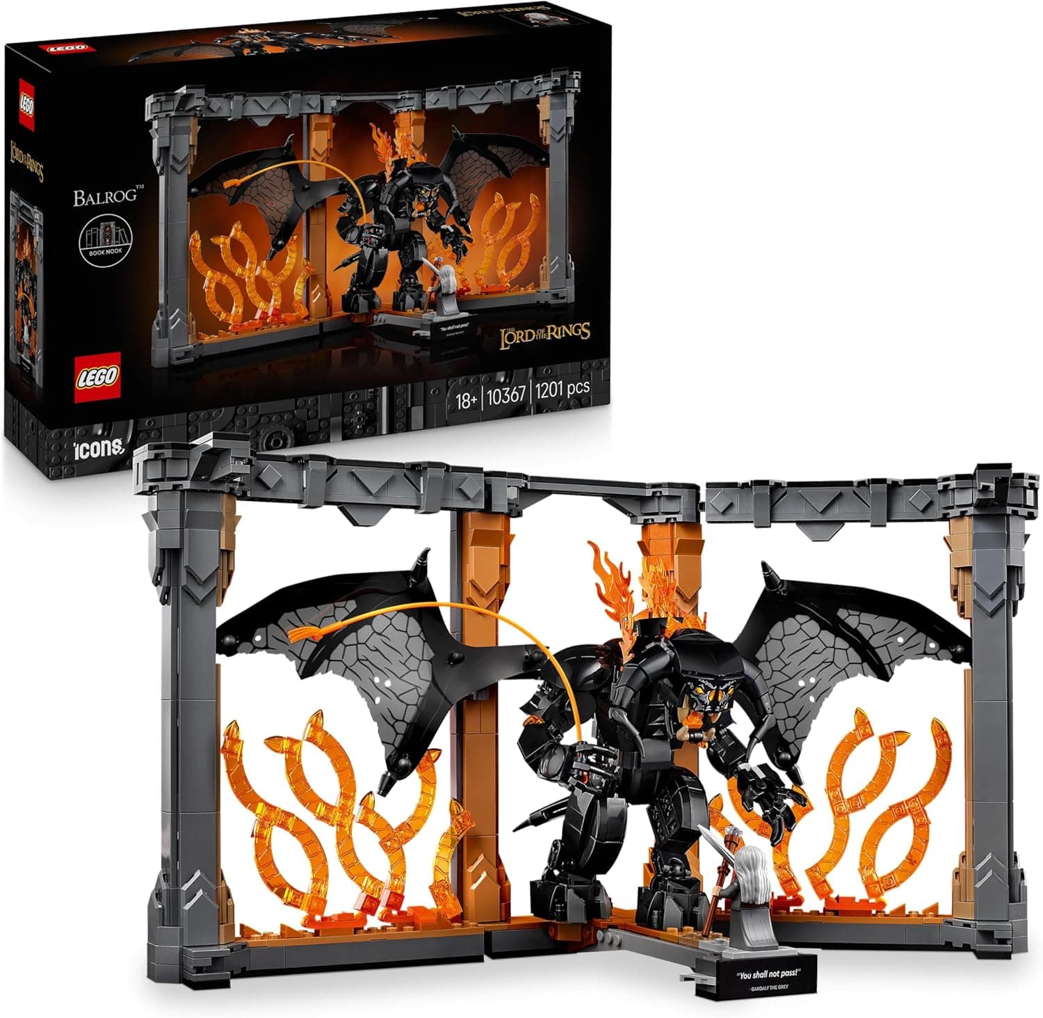 LEGO Icons Le Seigneur des Anneaux : Book Nook du Balrog - Set de Construction - Décoration pour Étagère DIY - Minifigurine de Gandalf le Gris & Figurine de Dragon - Cadeau Collector pour Adulte 10367