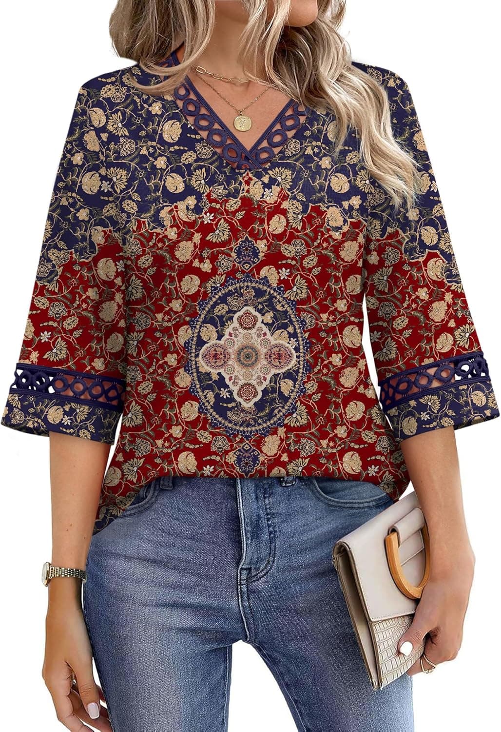 WIHOLL Womens Tops Eyelet Lace V Neck 3/4 Bell Sleeve Blouses Dressy Casual Work Shirt 2026 Summer Spring Fashion Clothing