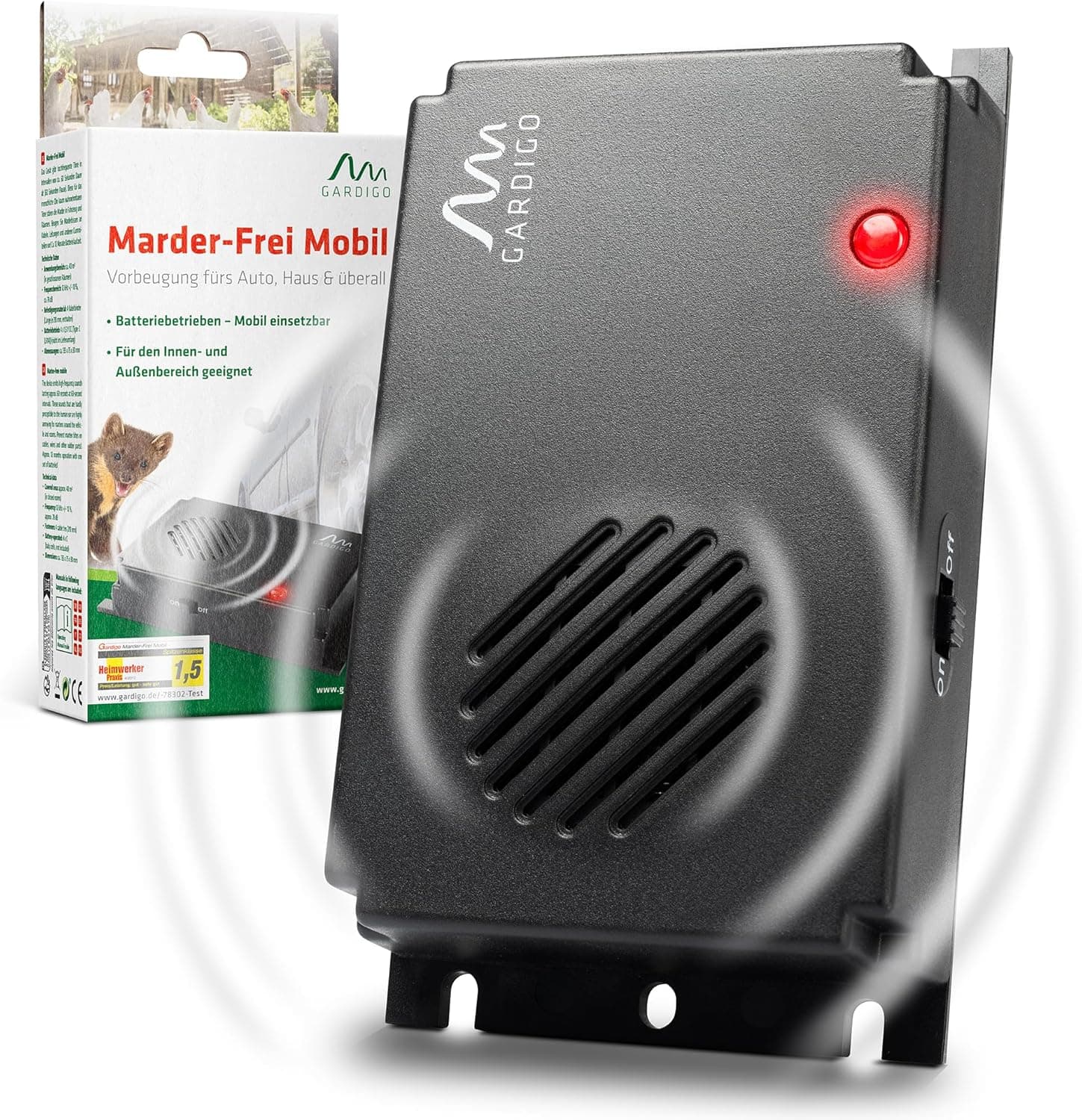 GARDIGO® Marderschreck Marder-Frei Mobil | Ultraschall Marderabwehr | Marderschreck Auto Batteriebetrieben | Marderschutz für KFZ, Motorraum, Dachboden, Haus, Garten | Intervallschaltung