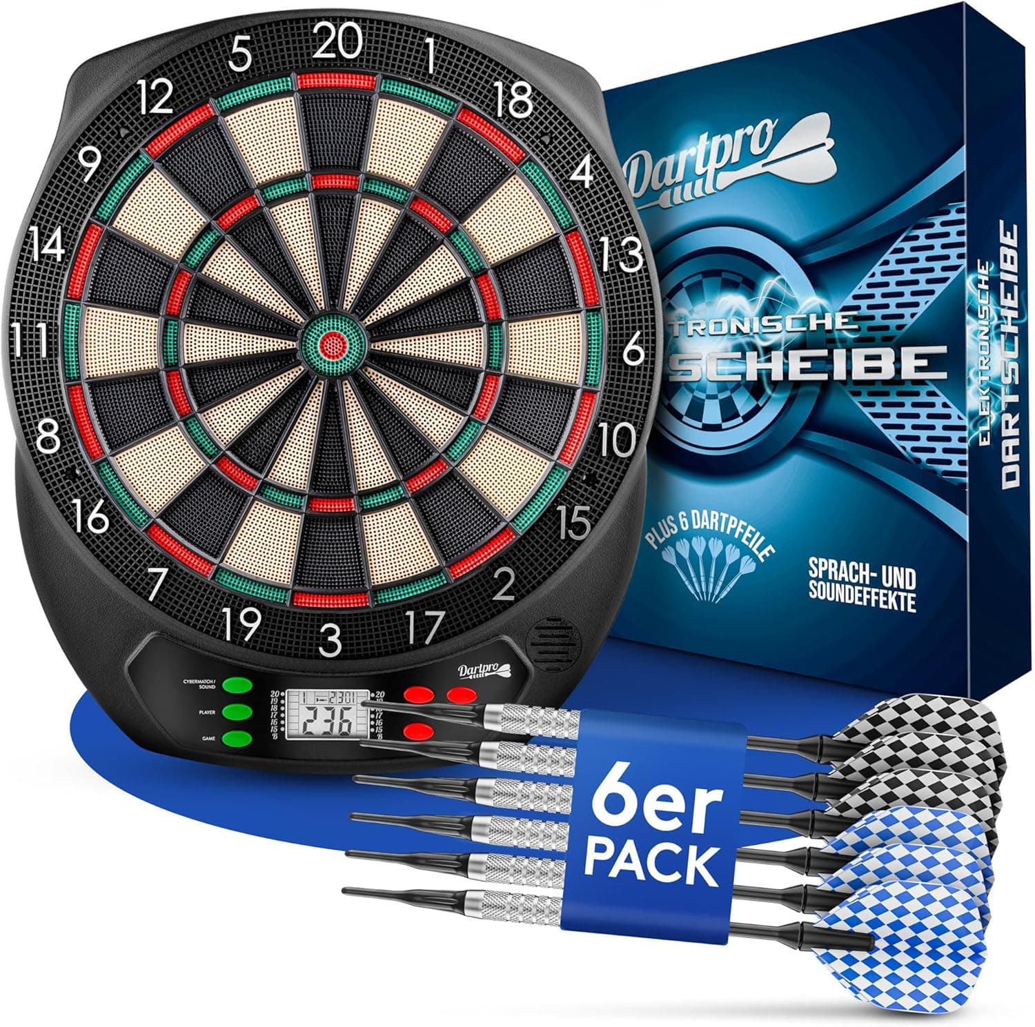 DartPro [DAS ORIGINAL] - Elektronische Dartscheibe Profi - Dartboard mit 6 Darts [kabellos nutzbar] - Innovativer Dartautomat mit 65 Varianten - Double IN & Double Out