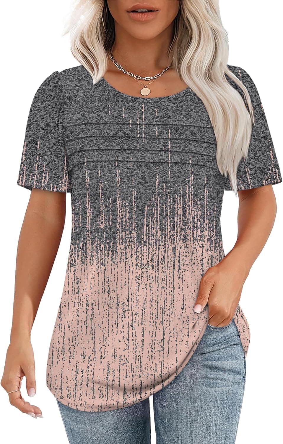 Chicrise Tshirt Damen Sommer Kurzarm Pleated Rundhals Oberteile Elegant Puffärmel Lässig Bluse