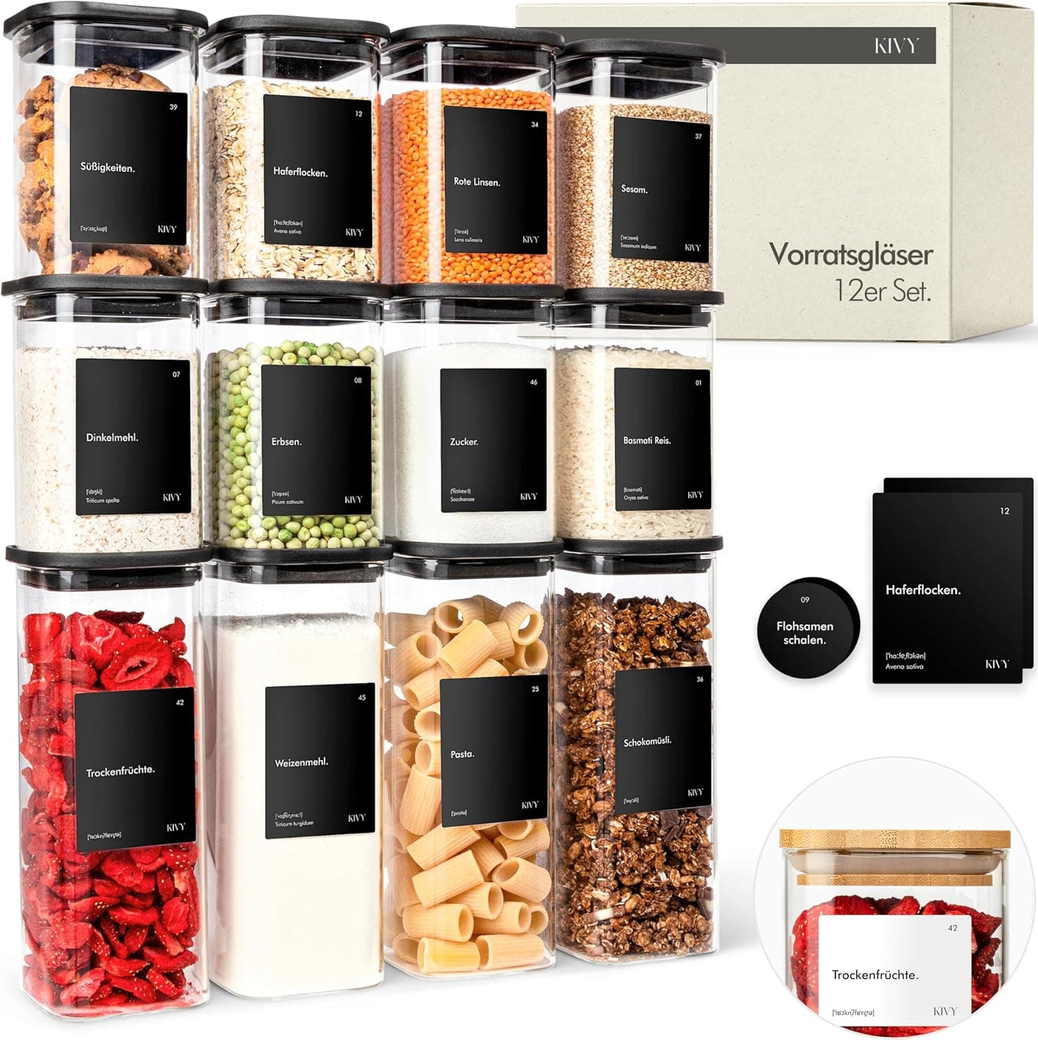 KIVY Vorratsgläser eckig [12er Set] + Etiketten - Stapelbare & Luftdichte Aufbewahrungsgläser mit Deckel - Schwarze Vorratsgläser mit Deckel Luftdicht - Vorratsdosen Glas Aufbewahrung