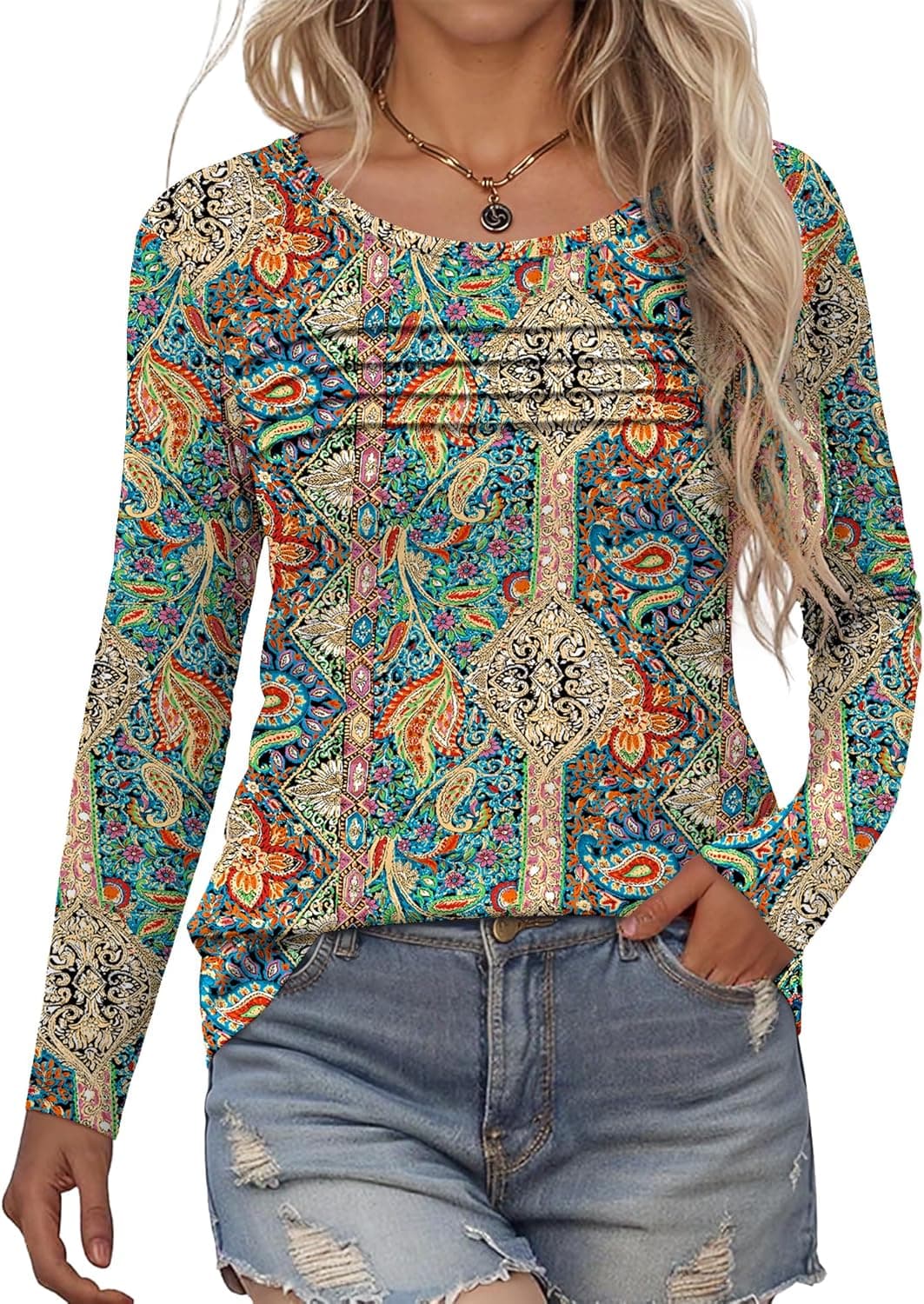 Rapbin Womens Tops Long Sleeve Crew Neck T-Shirt Trendy Pleated Floral Printed Tunic Blouse Dressy Casual Autumn Shirts 2026