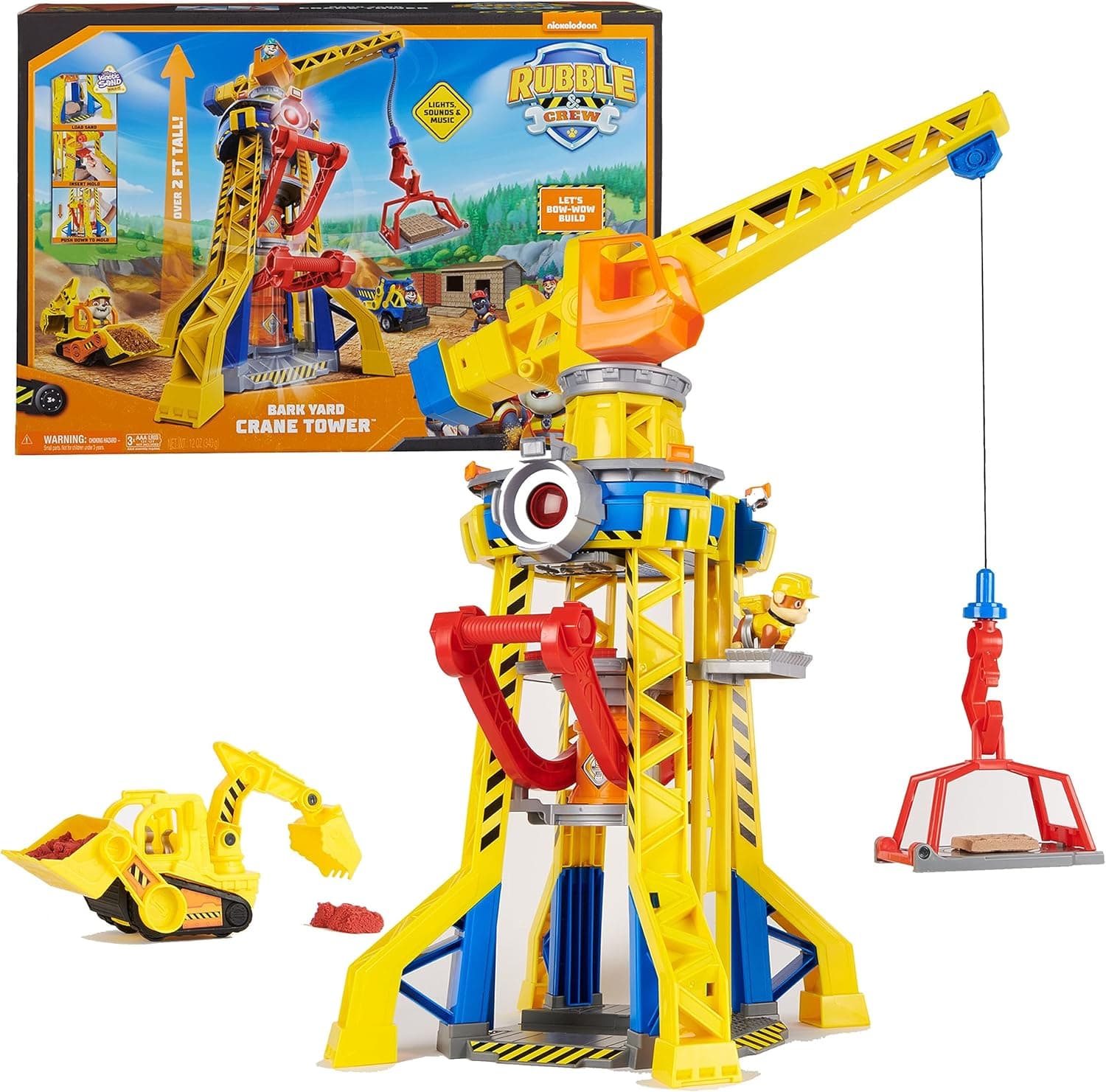 Rubble & Crew - Kran-Spielset Baupfoten Hof 68 cm, mit Rubble-Figur, Planierraupen-Fahrzeug und 340 g Build-it Kinetic Sand, Licht und Sound, ab 3 Jahren