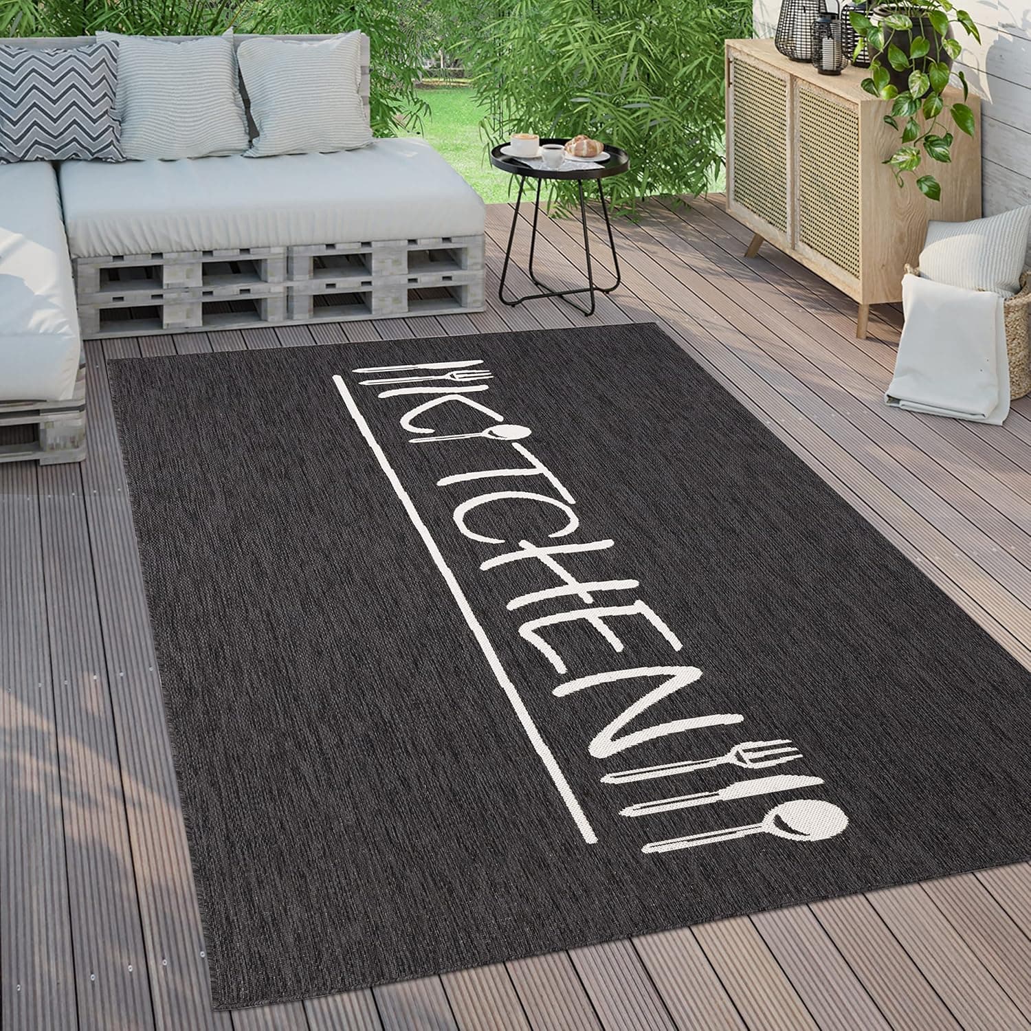 Paco Home Outdoor Teppich Wetterfest Wohnzimmer Balkon Küchenteppich Modernes Muster Mit Schriftzug, Grösse:120x160 cm, Farbe:Anthrazit 2