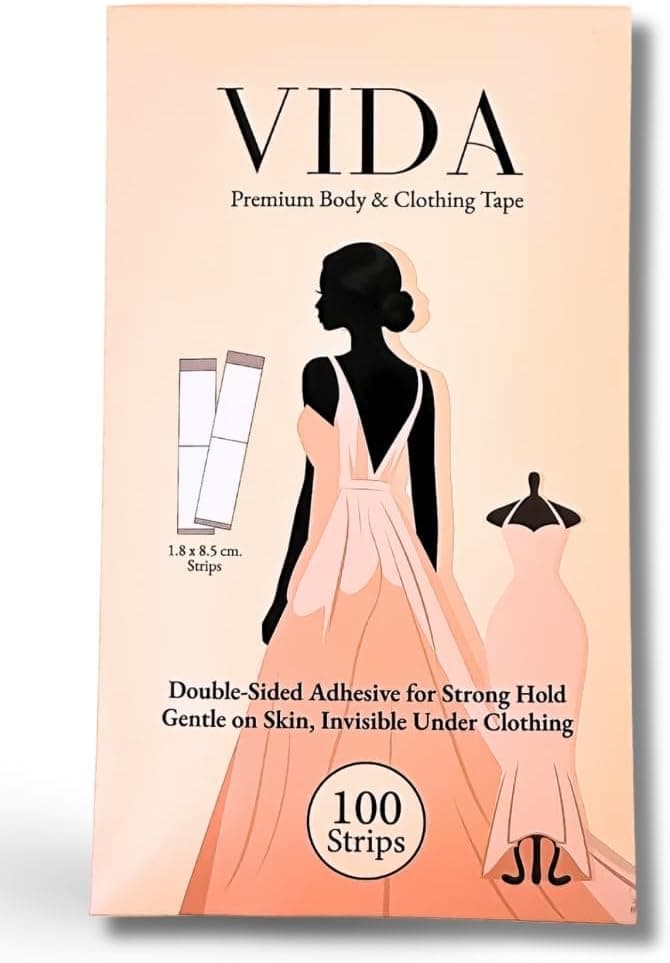 VIDA Premium Double Sided Body Tape And Clothing Tape, 100 Strips, Fabric Tape, Discreet And Secure. Transparent Strong Hold Fashion Tape.