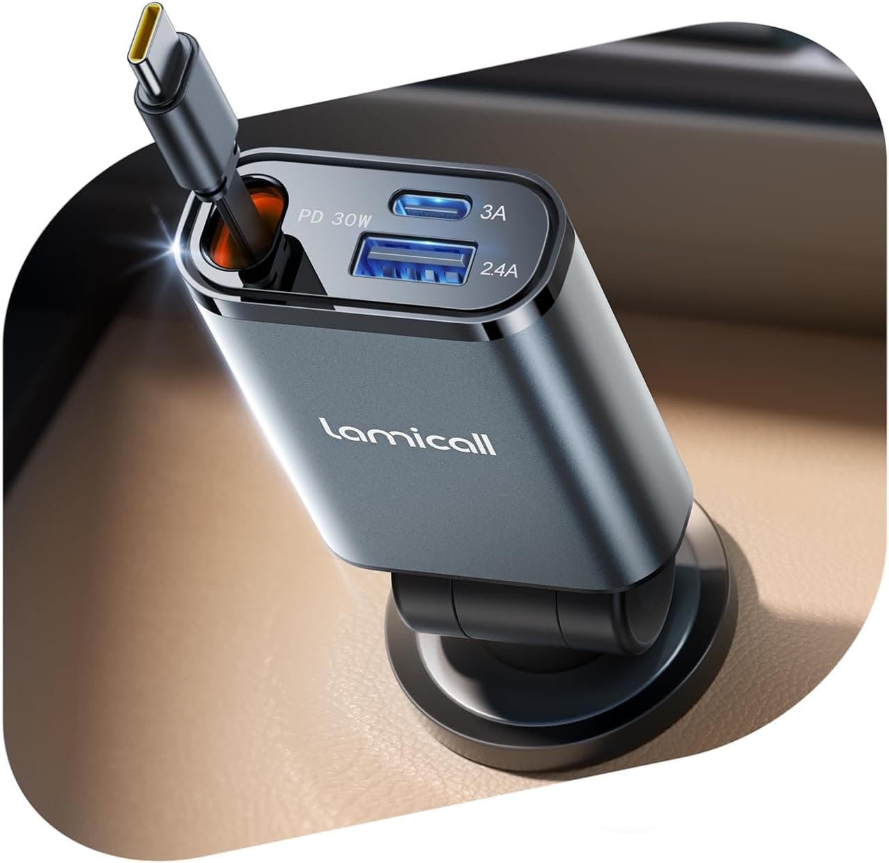 Lamicall 3 IN 1 Zigarettenanzünder USB C Auto Ladegerät -【2026 Super Kompakt】50W USB Adapter Auto Schnellladegerät mit einziehbare Typ-C Kabel/USB C/USB A, 24/12V KFZ Ladegerät Auto für iPhone/Samsung