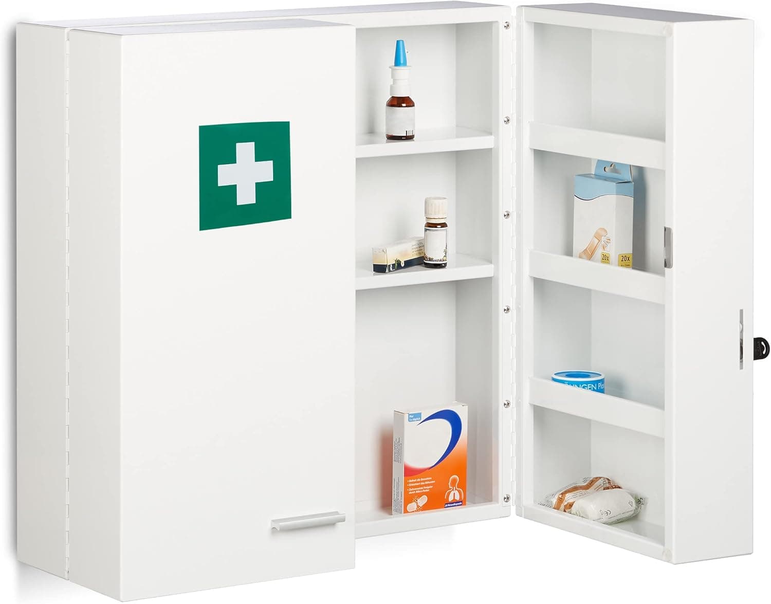 Relaxdays Armadietto Medicinali, Pronto Soccorso, Cassetta da Parete, 11 Scomparti, 2 Ante, HLP: 53x53x21,5 cm, Bianco