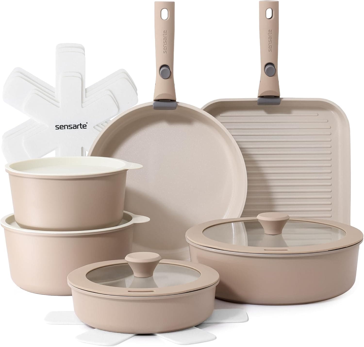 SENSARTE 17 Piece Ceramic Pots and Pans Set, Nonstick Detachable Handle Cookware, Induction Kitchen Cookware Set with Removable Handle, Oven Safe (Almond Beige)