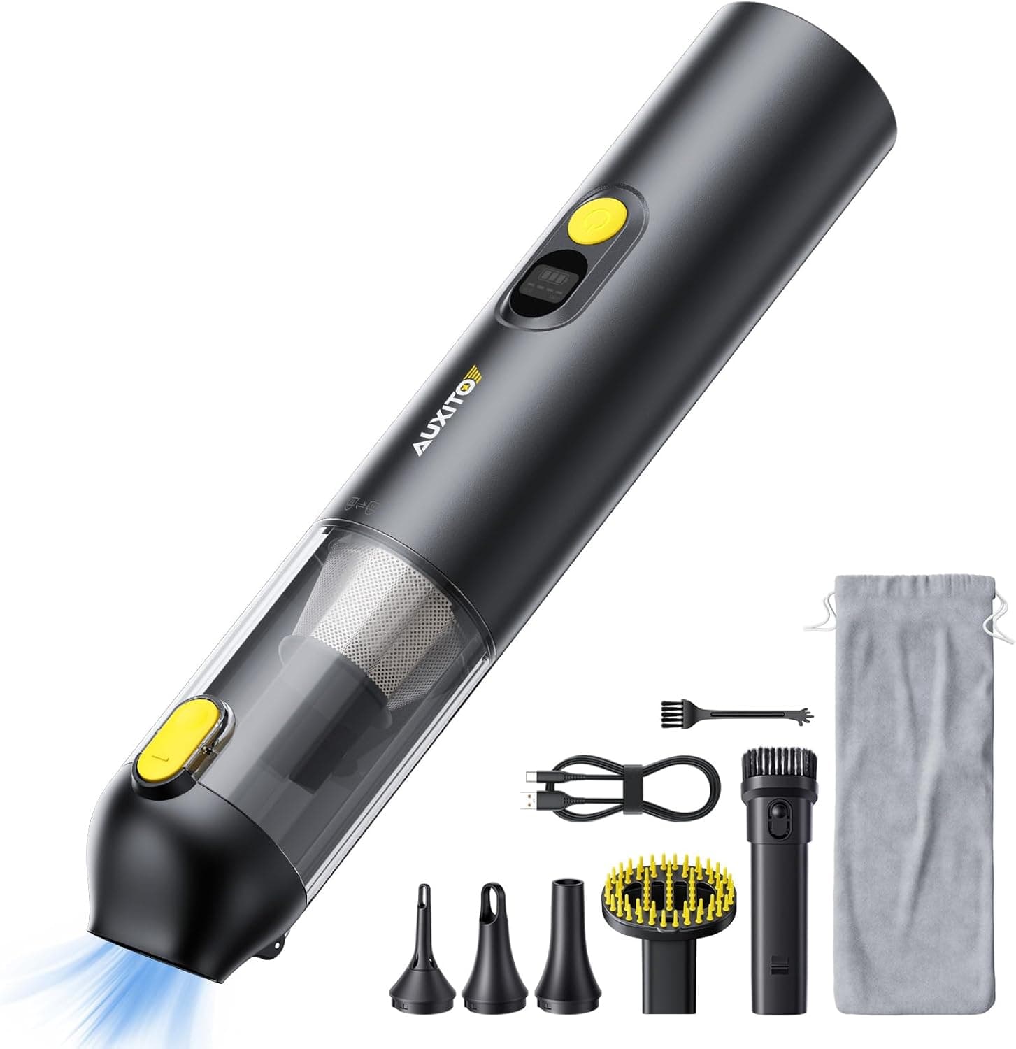 AUXITO Aspirador de Mano - Aspirador Coche de 24000 Pa, Autonomía de 30 Minutos,4 en 1, Recargable, Portátil y Ligero, Mini Aspiradora Potente para Coche, Hogar, Oficina y Pelo de Mascotas(Prieto)