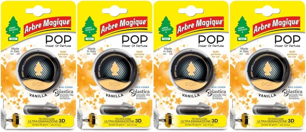 Arbre Magique POP, Profumatore Auto Solido, Fragranza Vaniglia, Profumazione Dolce e Delicata, Durata Fino a 30 Giorni, Design Italiano, Confezione da 4 Pezzi