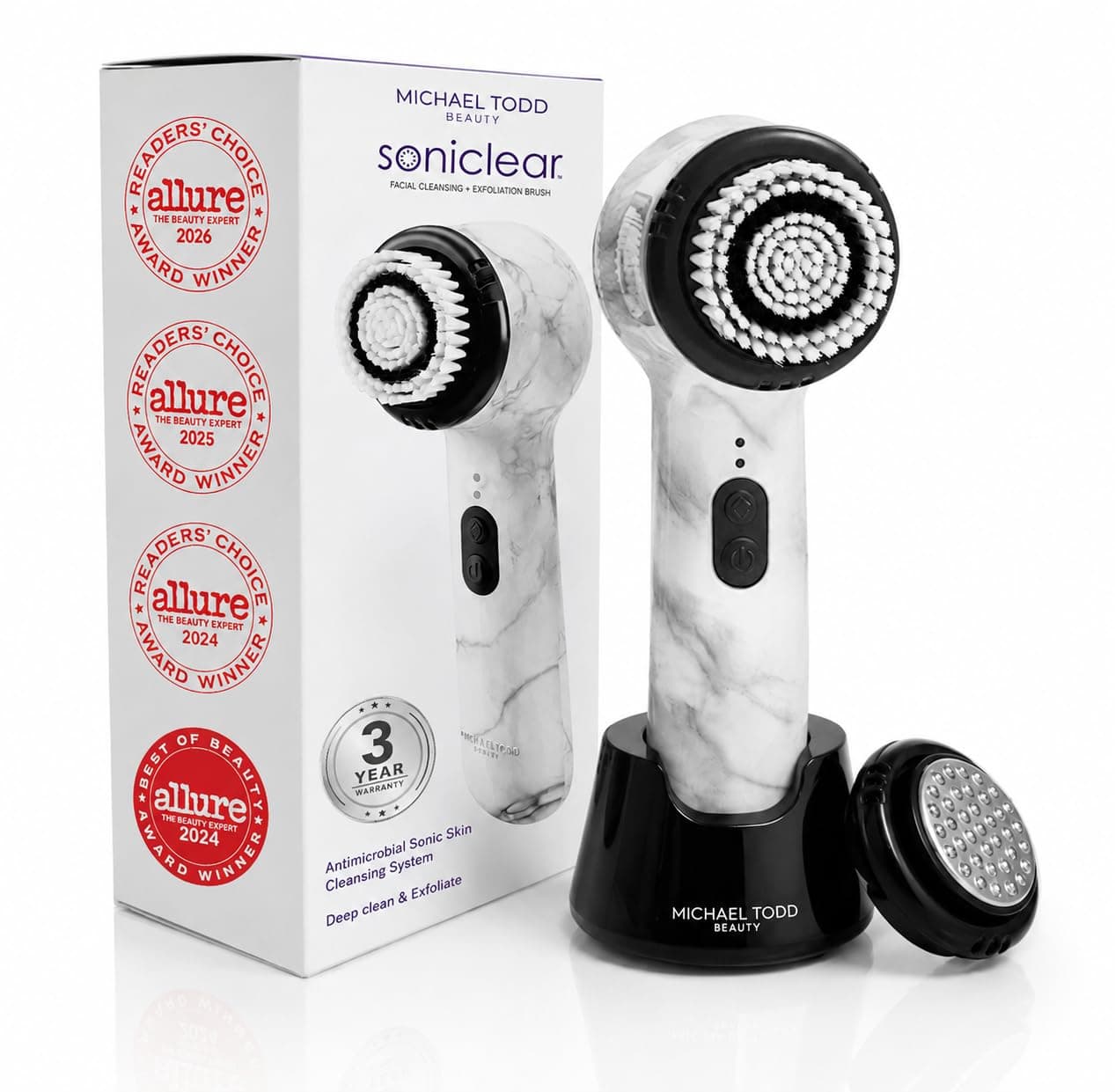 Michael Todd Beauty Soniclear Allure 2026 Readers Choice Winner Sonic (no Rotating) Facial Cleansing + Exfoliation Brush for Men/Women, Antimicrobial Protected Bristles, 4 speeds, Serum Infusion Head