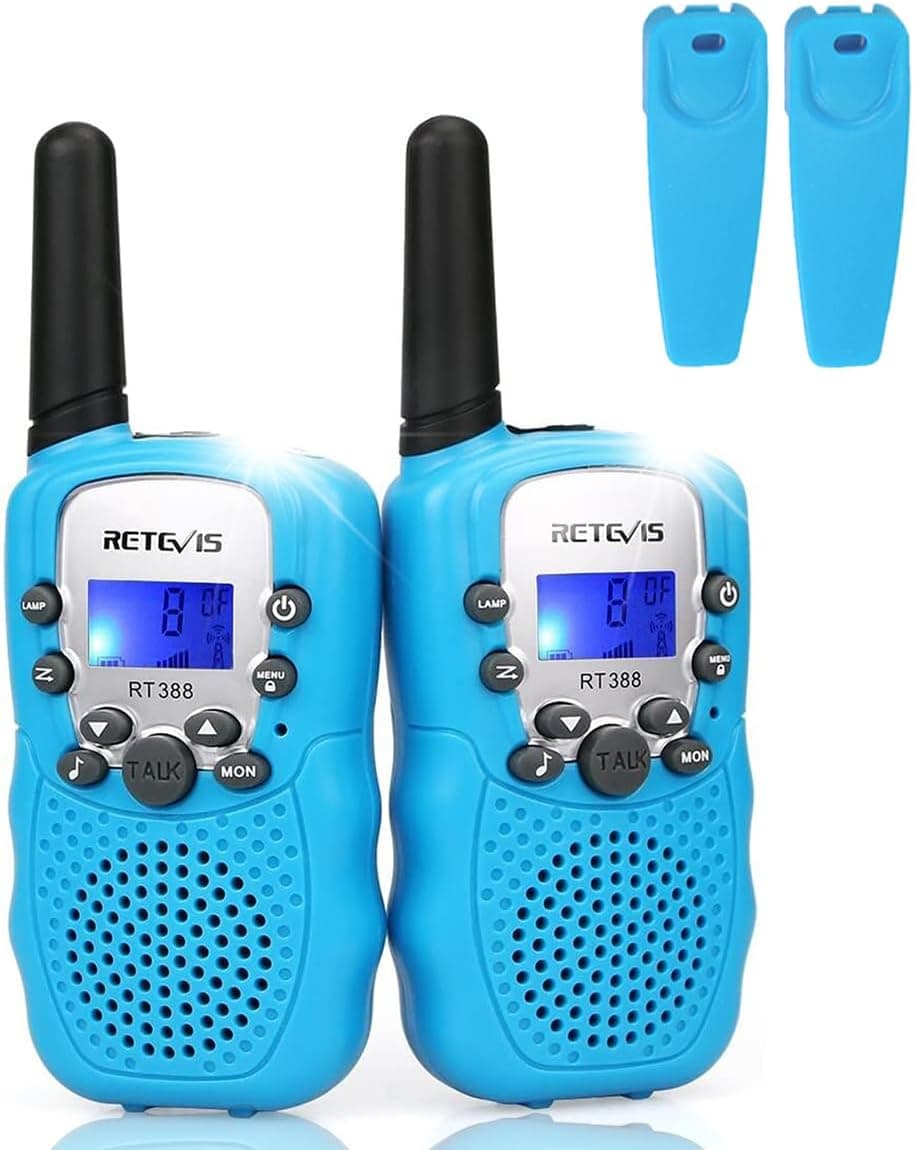 Retevis RT388 Walkie Talkie Niños, Juguetes de Largo Alcance de 3 a 12 Años, Walkie-Talkie con Linterna LCD de 8 Canales, Regalos Niños para Camping, Aventura, Senderismo (1 par, Azul)