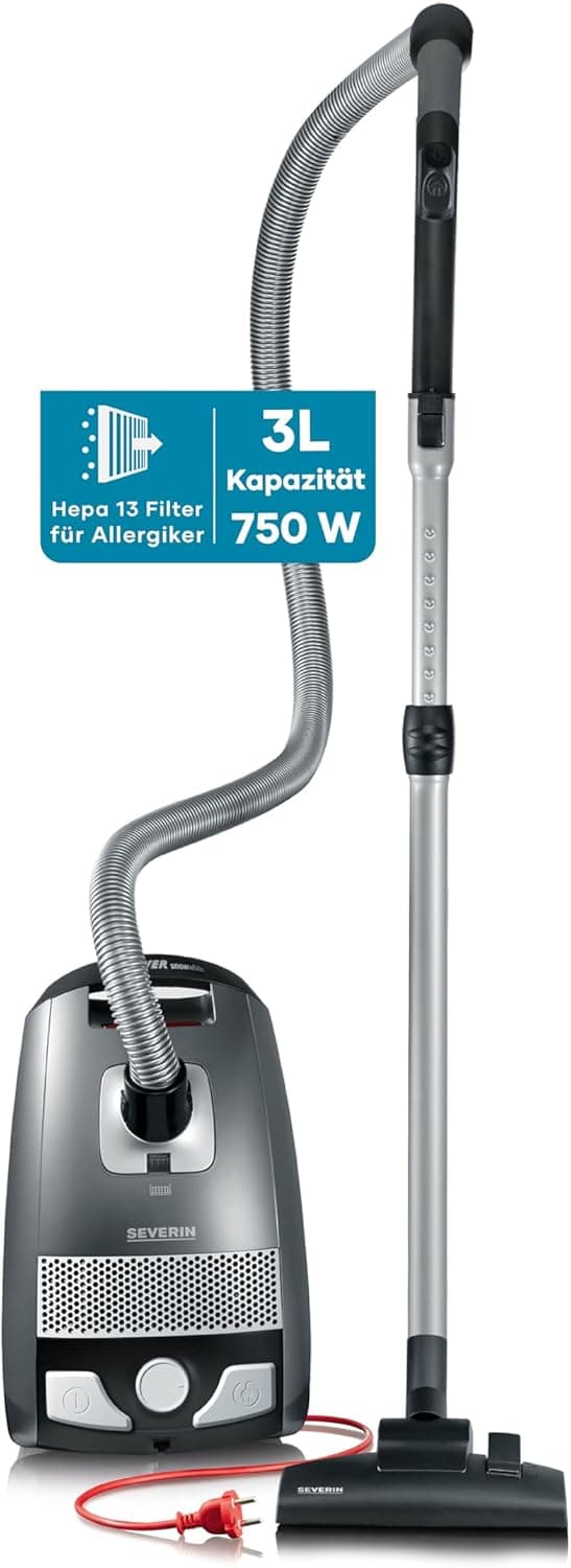 SEVERIN Bodenstaubsauger mit Beutel S'POWER, leistungsstarker & leiser Staubsauger mit 360° Rollen, HEPA 13 Filter, Zubehör für Parkett & Teppich, platingrau - granatrot, BC 7045