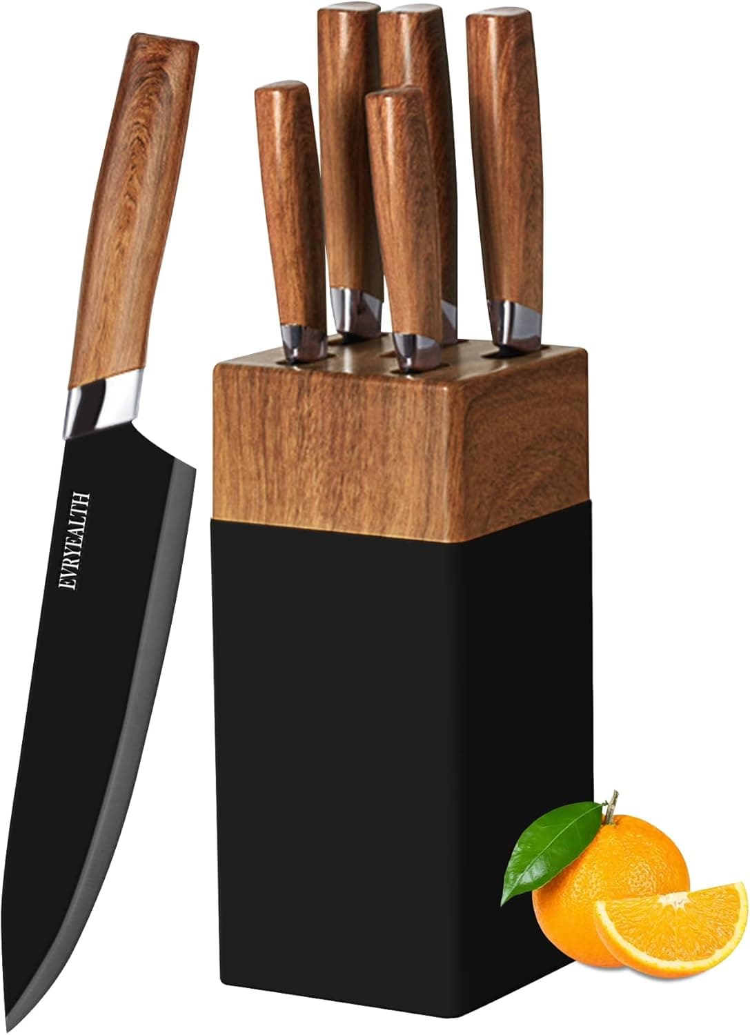 lapelux Kitchen Knife Set - 5 Piece Knife Set with Block, Wood Grain Handle, Stainless Steel Knivese with Chef, Bread, Slicer, Paring Knife for Cutting Meat/Vegetables/Fruit.