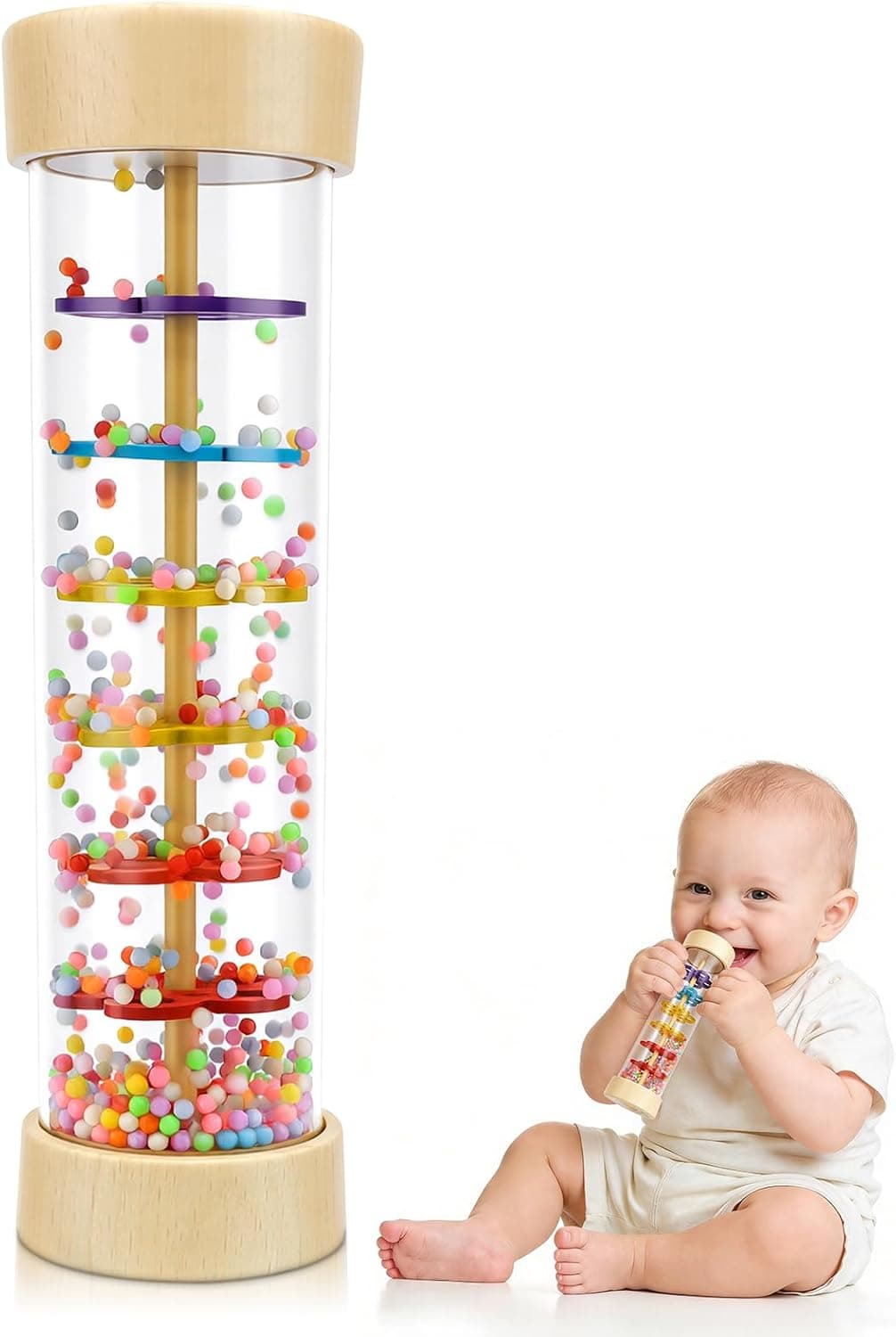 Wooden Baby Rattle Toys, Rain Stick Musical Toy Montessori Toys for Babies 6-12 Months, Baby Rattle Sensory Hand Grip Developmental Toy, Musical Instruments Toys for 1+ Year Old Toddlers