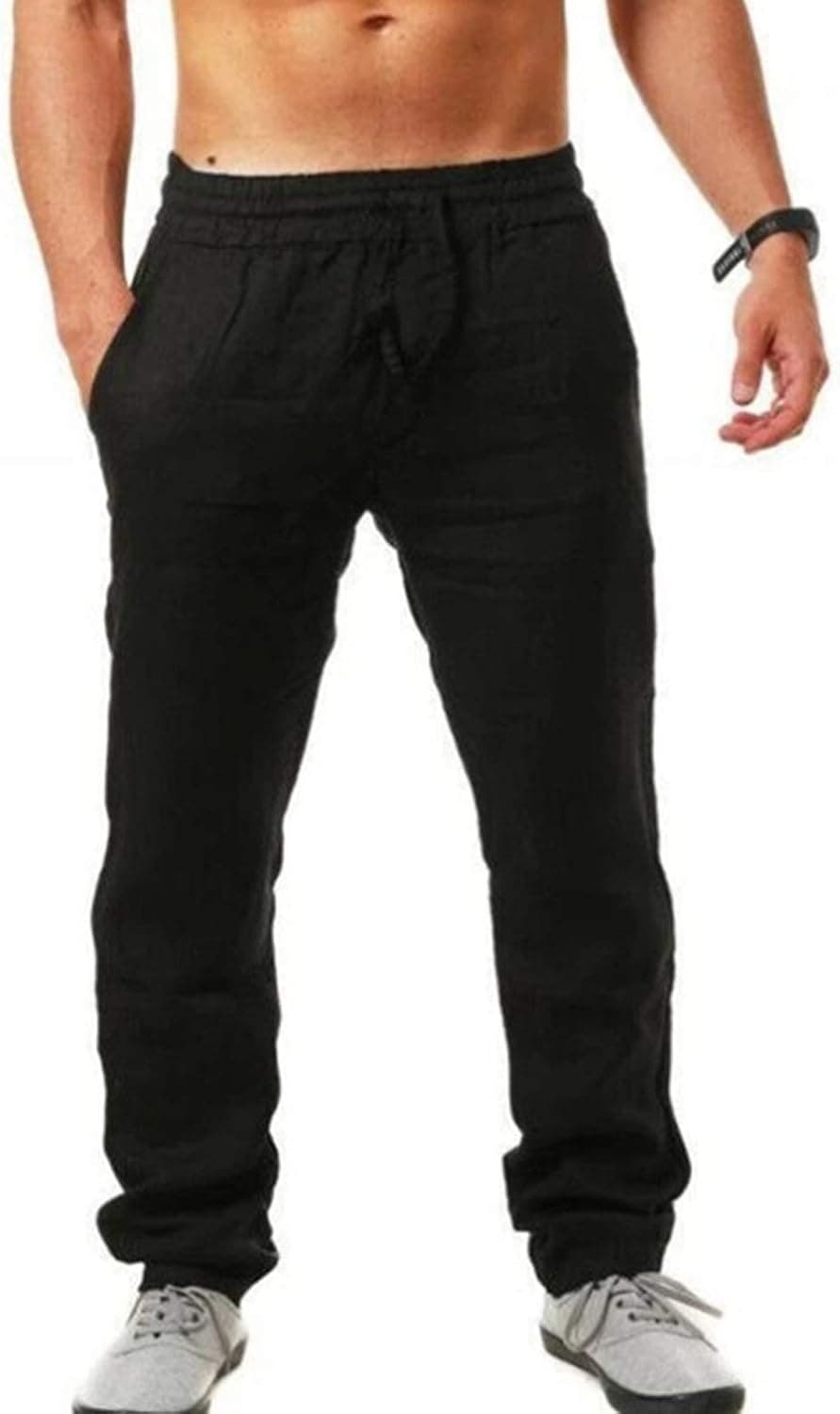 Generico Pantaloni Lino Uomo Casual Leggeri Larghi Sportivi Pantalon Elastico in Vita Comodi Pantalone Yoga da Spiaggia con Tasche Pantaloni Uomo Estivi Pants Pantaloncino Abbigliamento