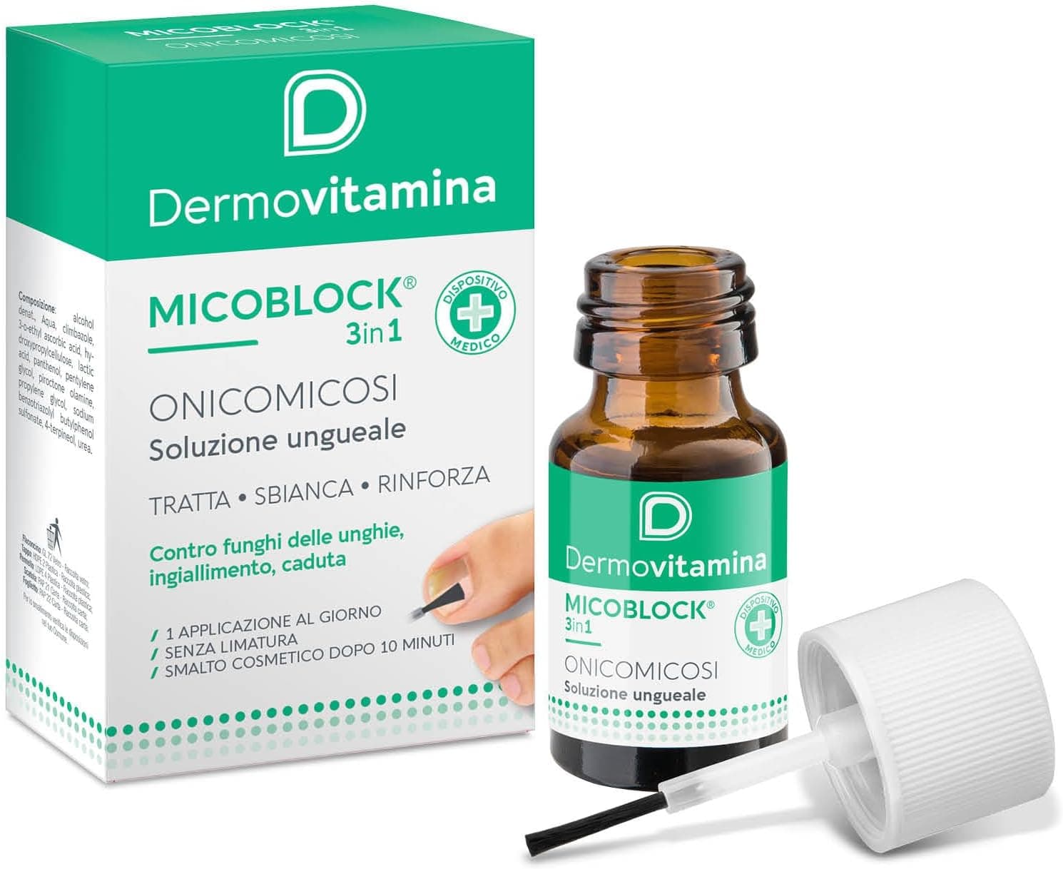 Dermovitamina Micoblock 3in1Onicomicosi - Micosi Unghie Piedi - Smalto Curativo - Tratta le Infezioni Fungine - Contro Ingiallimento e Caduta - Azione Sbiancante - 7ml
