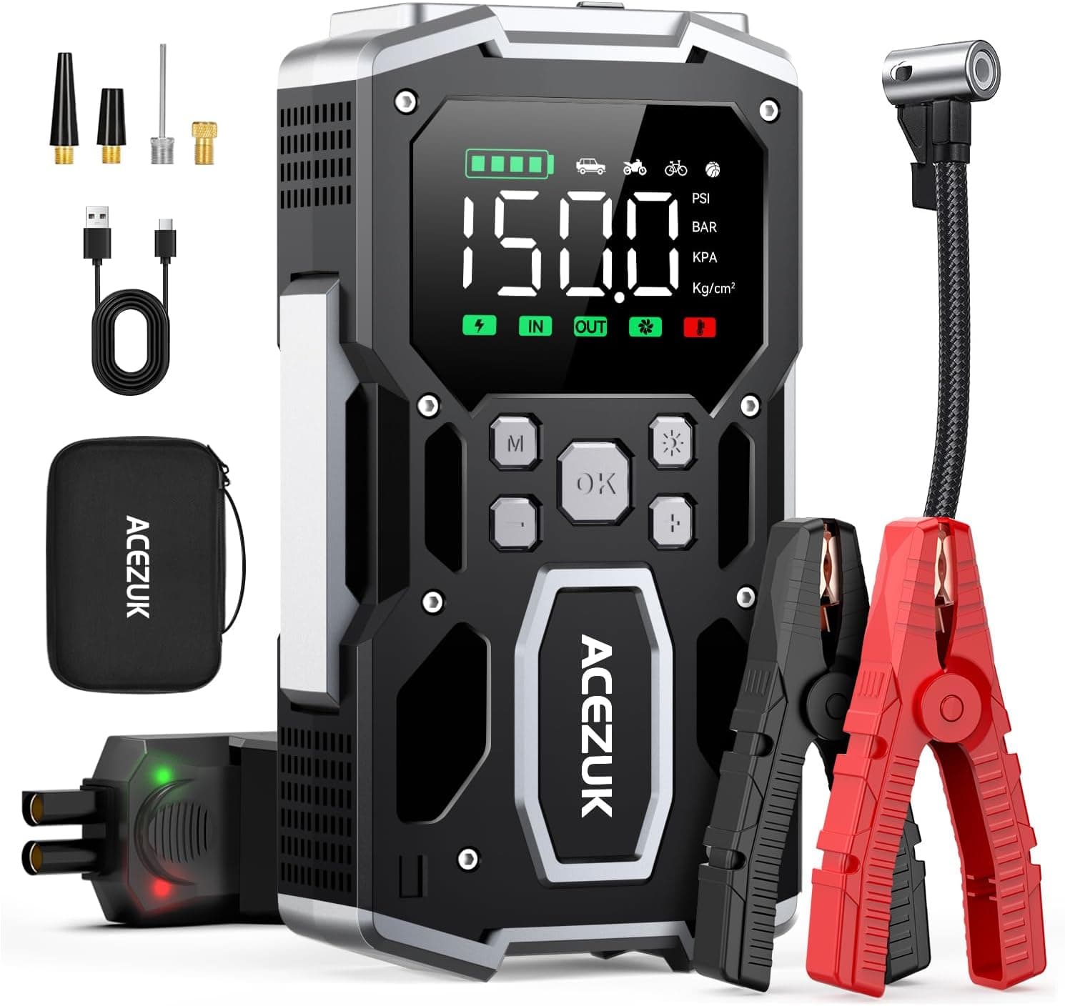ACEZUK Avviatore Batteria Auto,8000A & 150PSI Avviatore di Emergenza per Auto con Compressore Aria Portatile (All Gas or 10.0L Diesel) 12V Jump Start,2 Luci/ 3.4" LCD Display