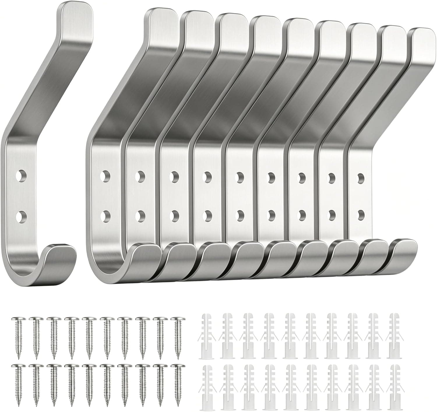 susswiff 10-Pack Wall Hooks for Hanging Coat: 10KG Metal Strong Hook with Screw, Individual Hangers for Clothes Towel, for Bathroom Door, Brushed Silver, 10cm