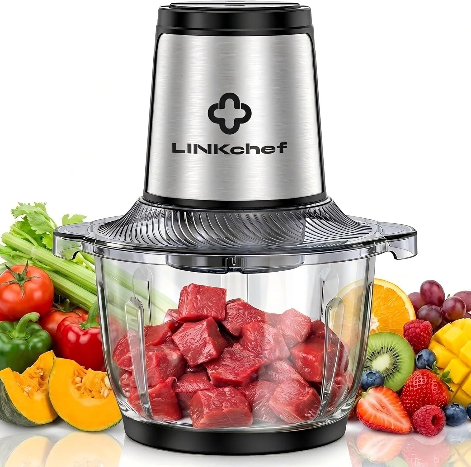 LINKChef Zerkleinerer Elektrisch 1,5L Glasbehälter, 2 Stufen, 3 Edelstahlklingen – Universalzerkleinerer für Fleisch, Gemüse, Nüsse & Babynahrung