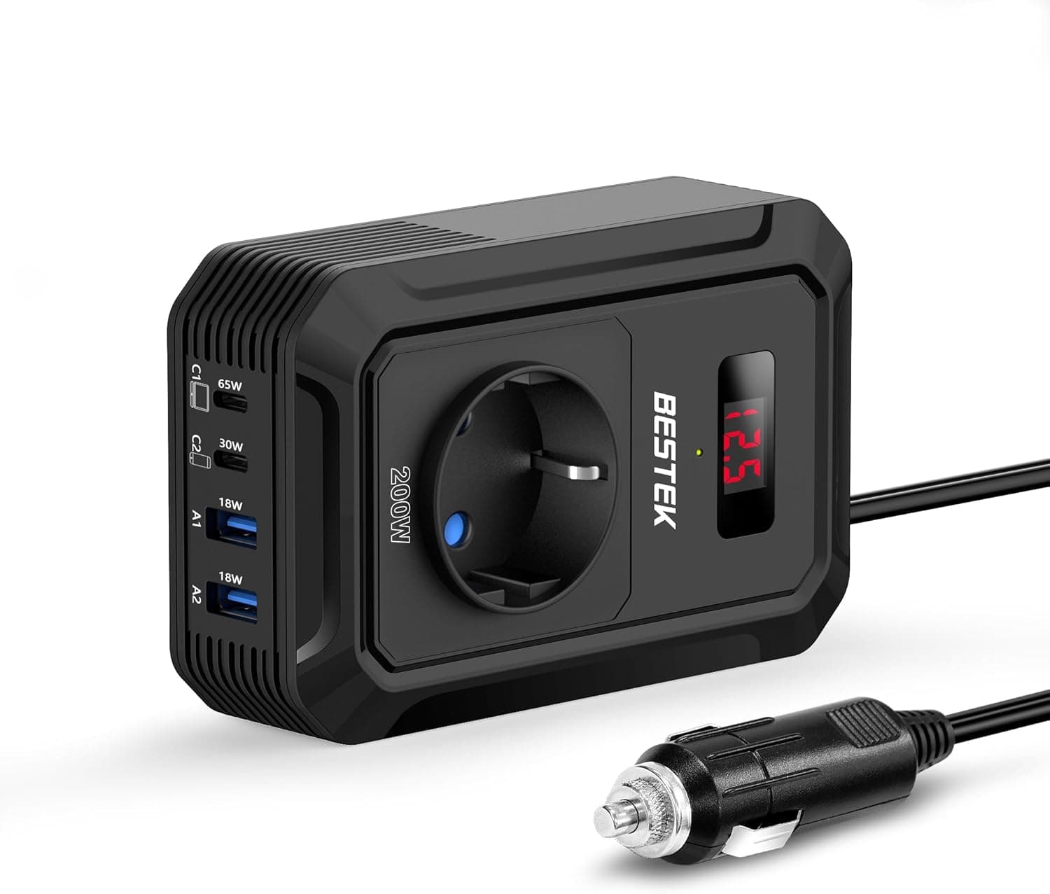 BESTEK 200W Inverter 12v 220v 230V 240V Onda Pura,Inverter Auto con Prese AC 2 USB-C (65 W e 30 W) 2 USB-QC (18 W),Convertitore Potenza per Camper/Barca a Onda Sinusoidale Modificata(Nera)