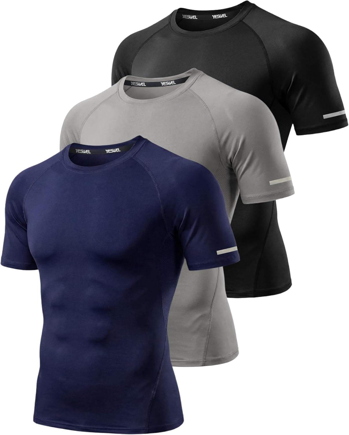 YESWEL 3 Pack Mens Compression Gym T-Shirts Quick Dry Fit, Breathable Moisture Wicking Athletic Short Sleeve Tops with Underarm Mesh Panels